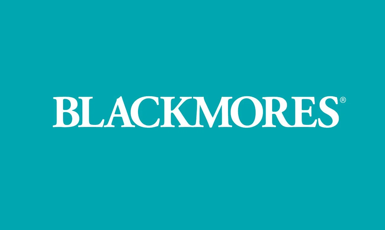 Blackmores logo with white text on a teal background.