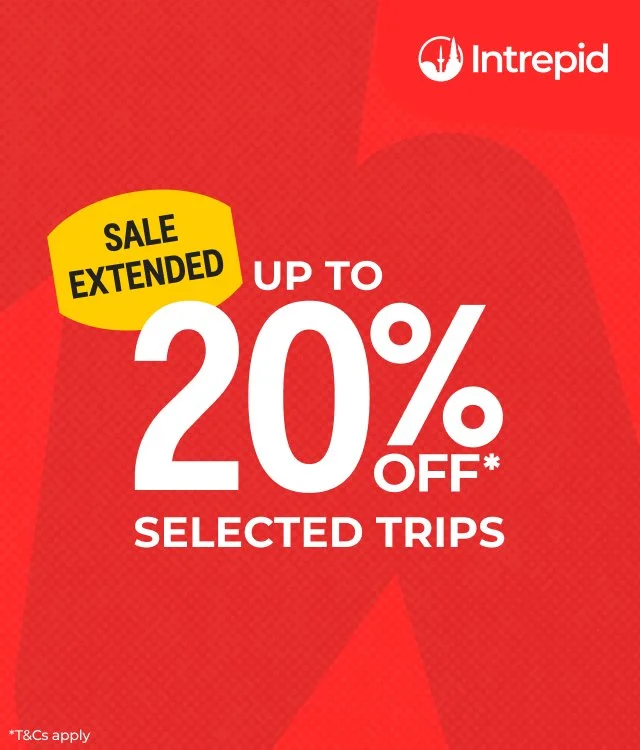 red background with text on it about intrepid's up to 20% off selected trips sale has been extended