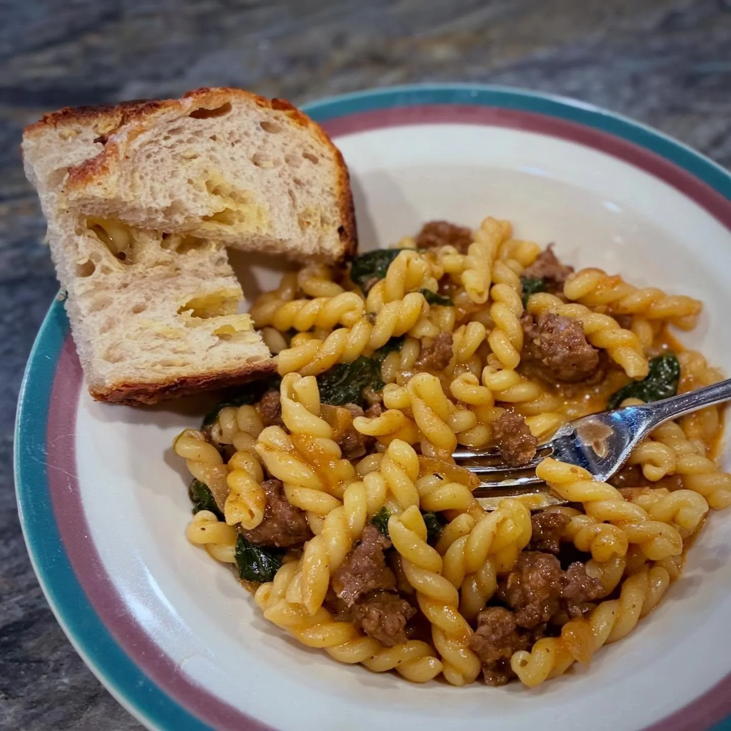 Gemelli with sausage + oregano, perfectly paired with warm Gouda sourdough #sourdough #comfortfood #pasta #sausage