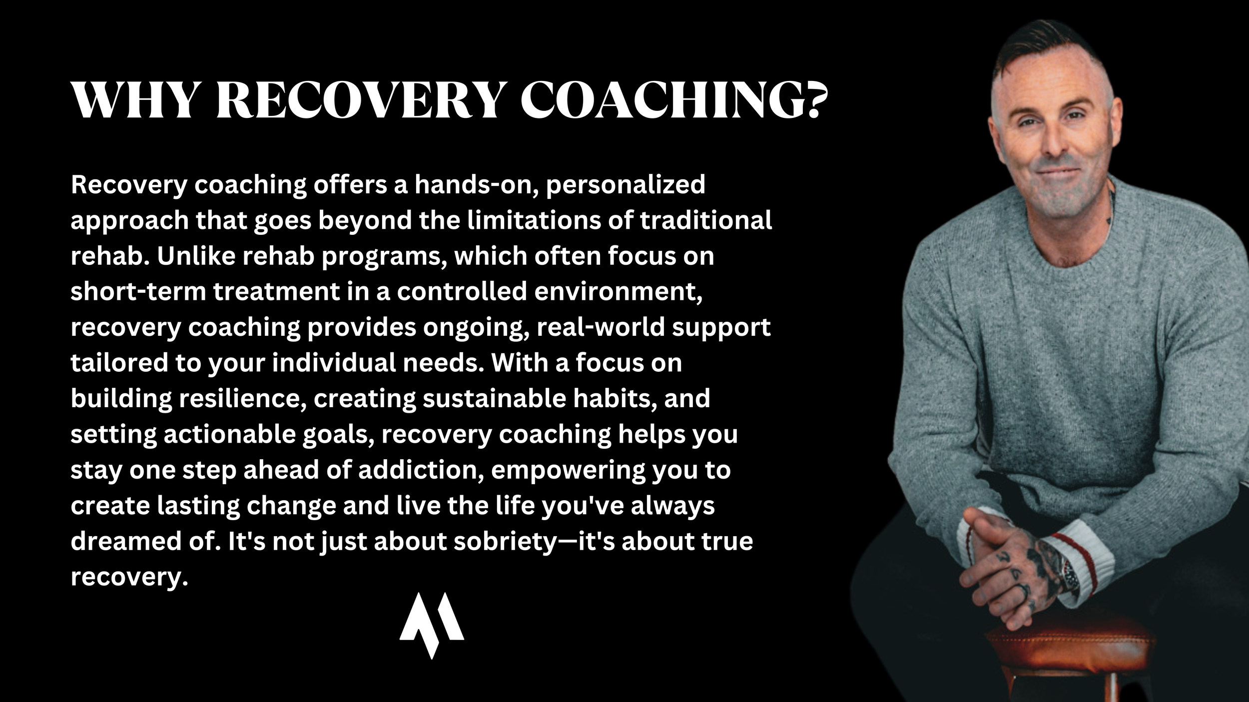 A man with tattoos on his hand sitting on a stool, wearing a gray sweater, against a black background next to white text explaining the benefits of recovery coaching, with a logo below the text.