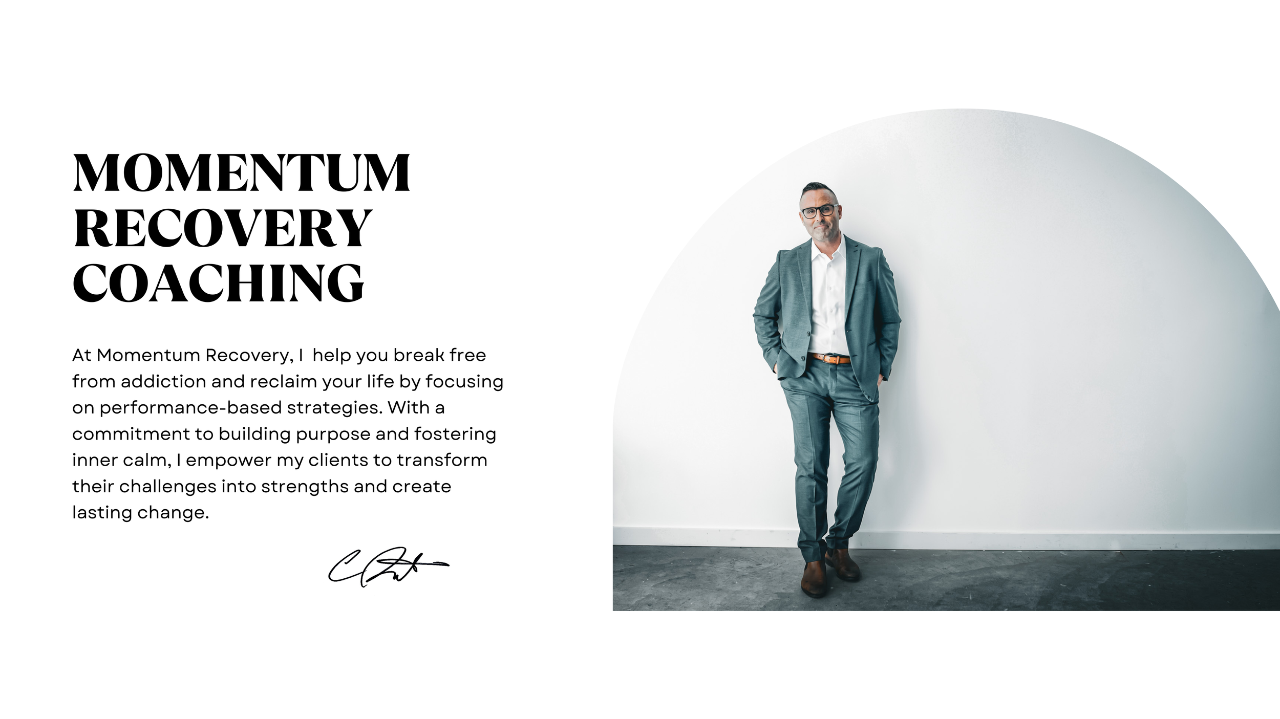 A man in a teal suit standing against a white wall with a large circular shadow behind him, next to a text block with bold heading "Momentum Recovery Coaching" and a paragraph describing the coaching services.