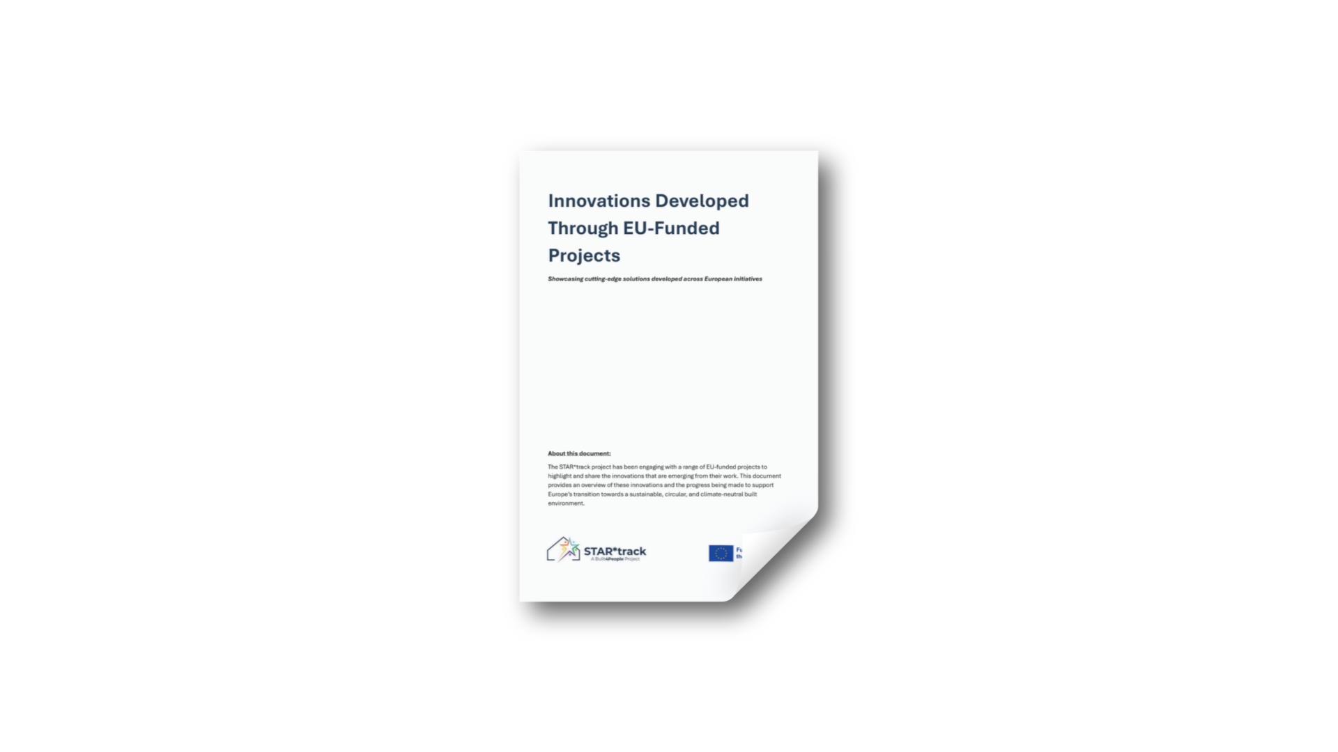 Cover page of a report titled 'Innovations Developed Through EU-Funded Projects' with a white background and EU logo, STAR*track logo, and European Union emblem at the bottom.