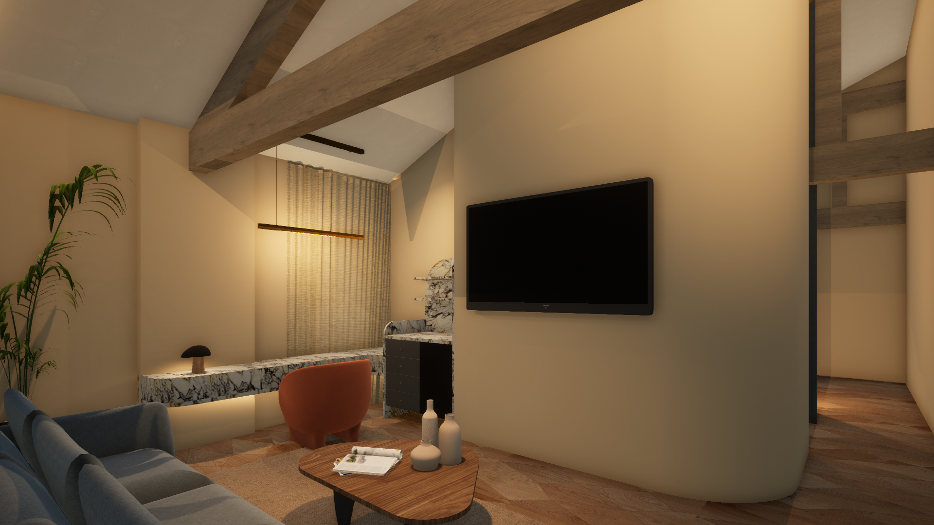Living area with study - Revit rendering