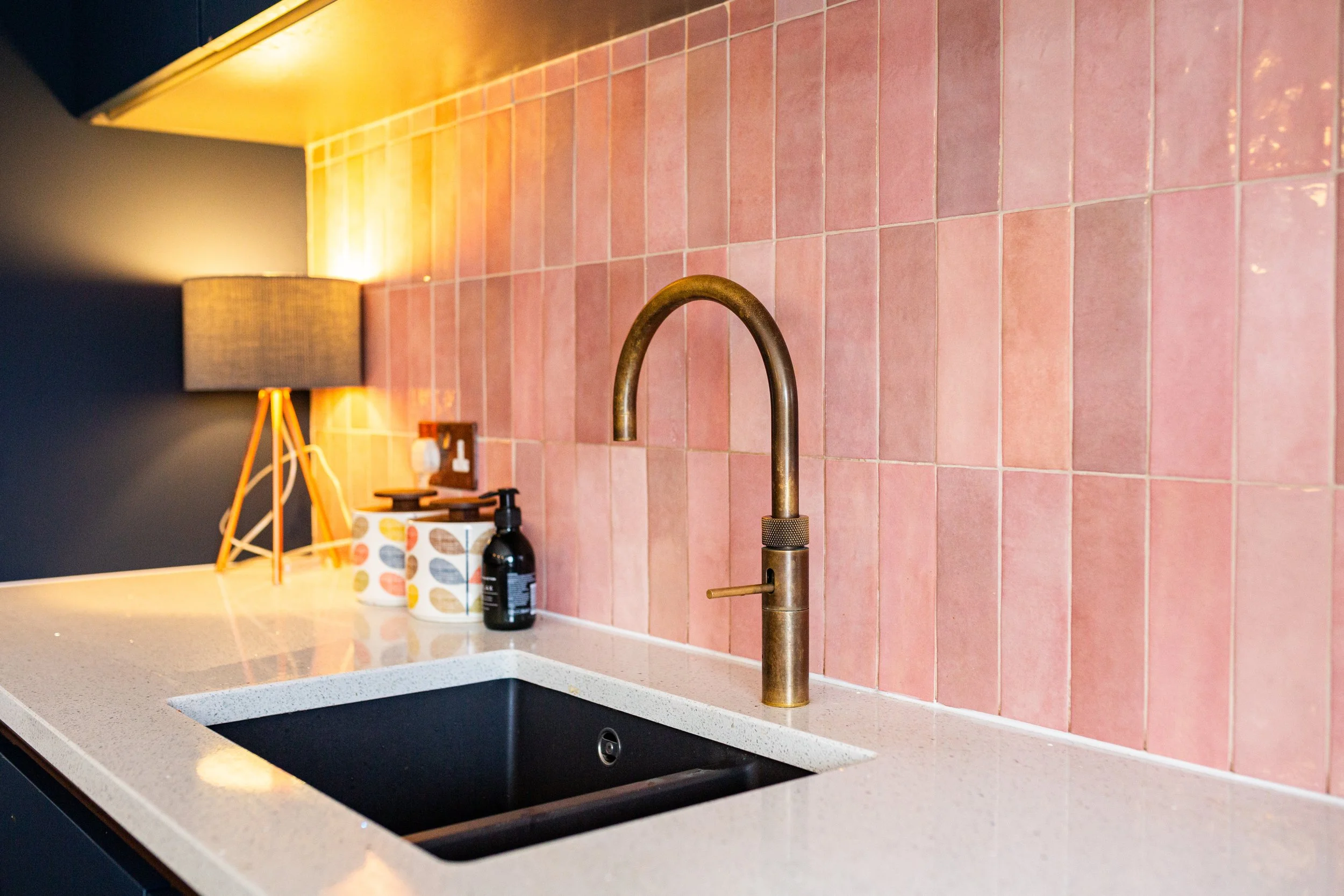Pink kitchen tiles, house renovation, Leeds UK