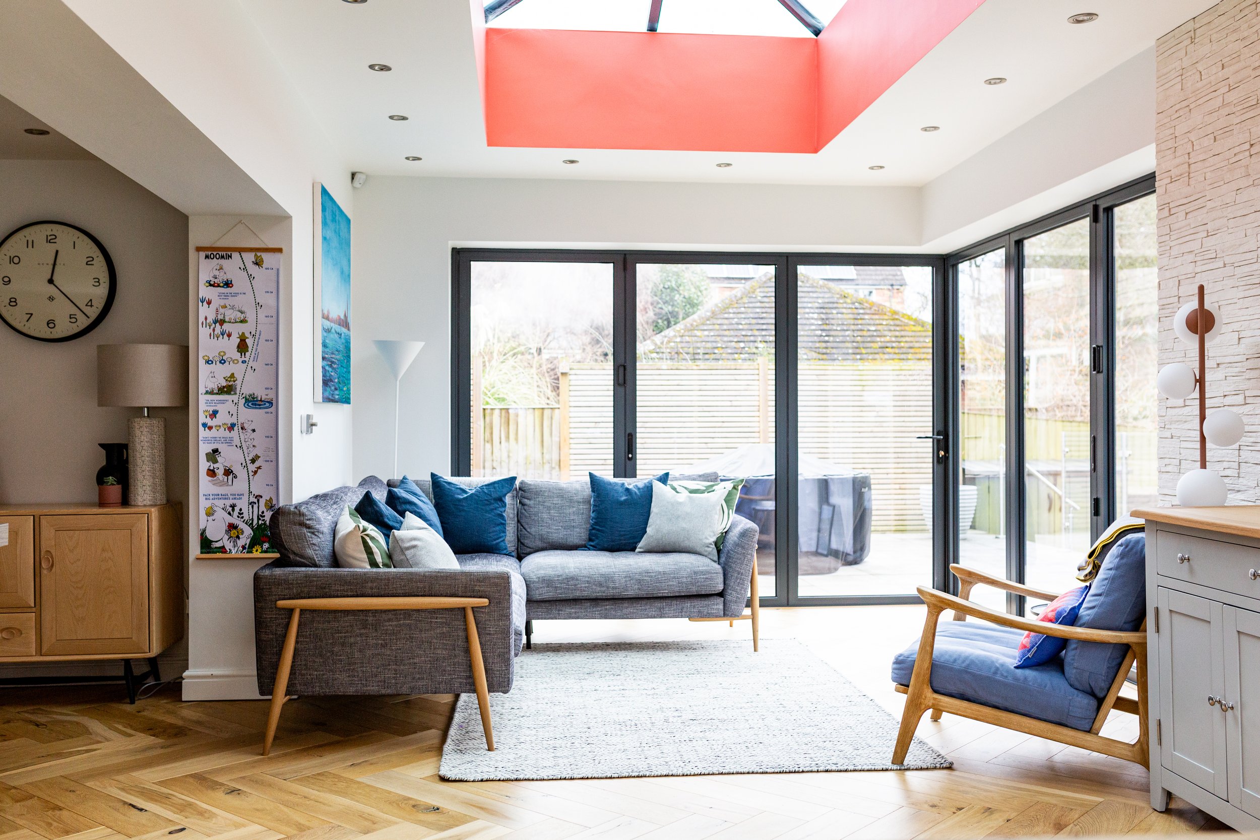 Open plan kitchen dining living extension, detached house, Leeds UK