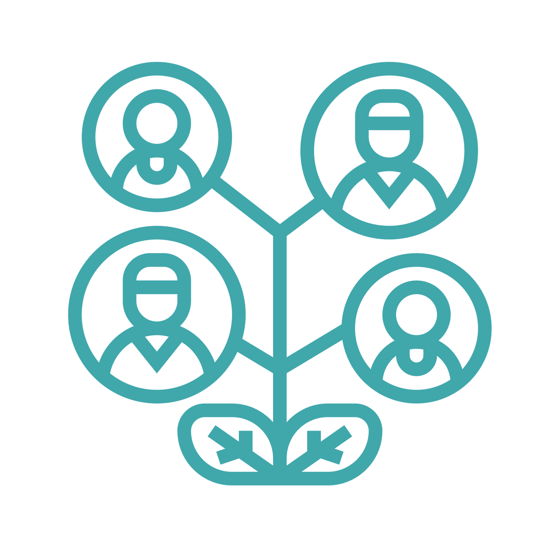 Icon of a network of four person profiles connected by lines, with a flower below.