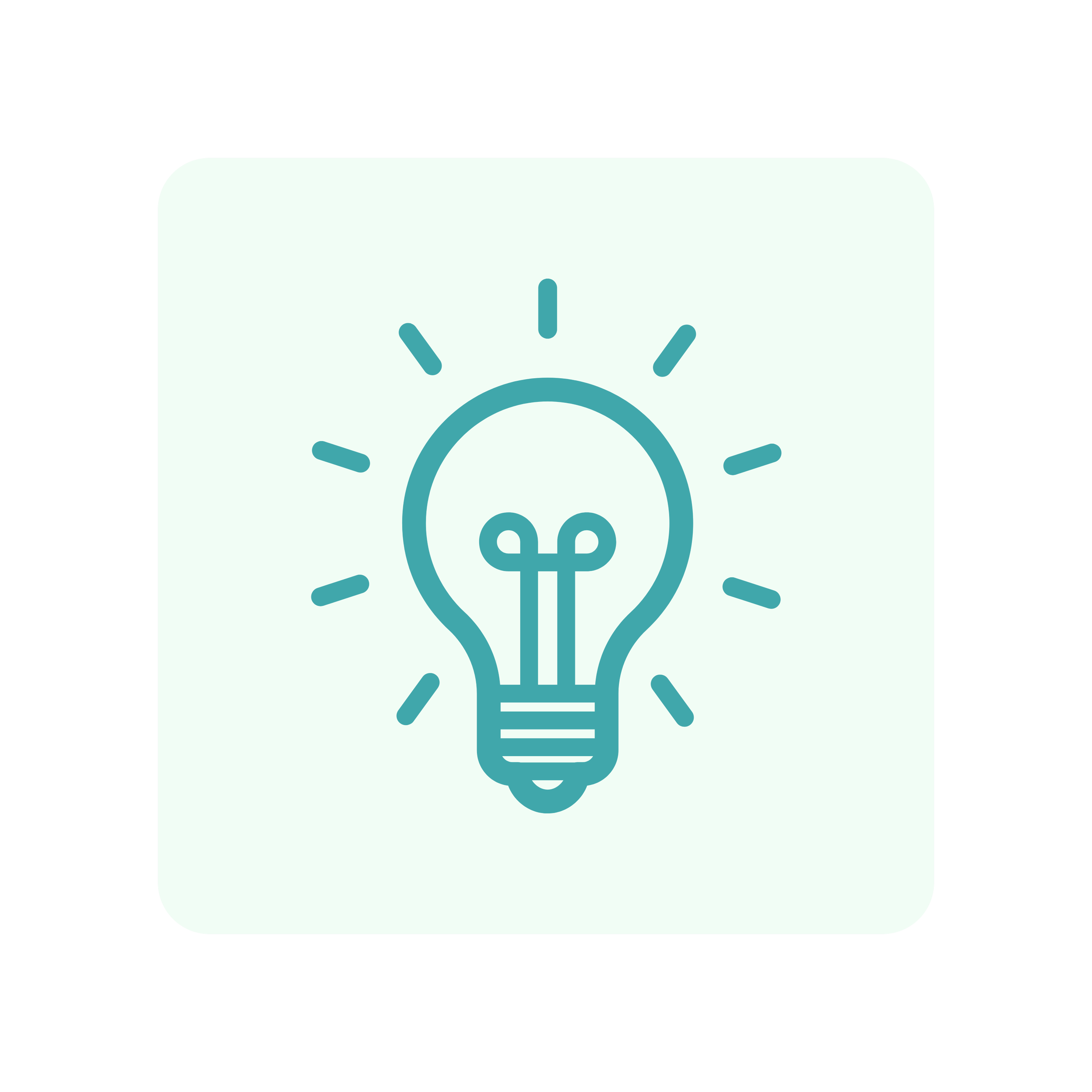 Icon of a light bulb on a green background with radiating lines.