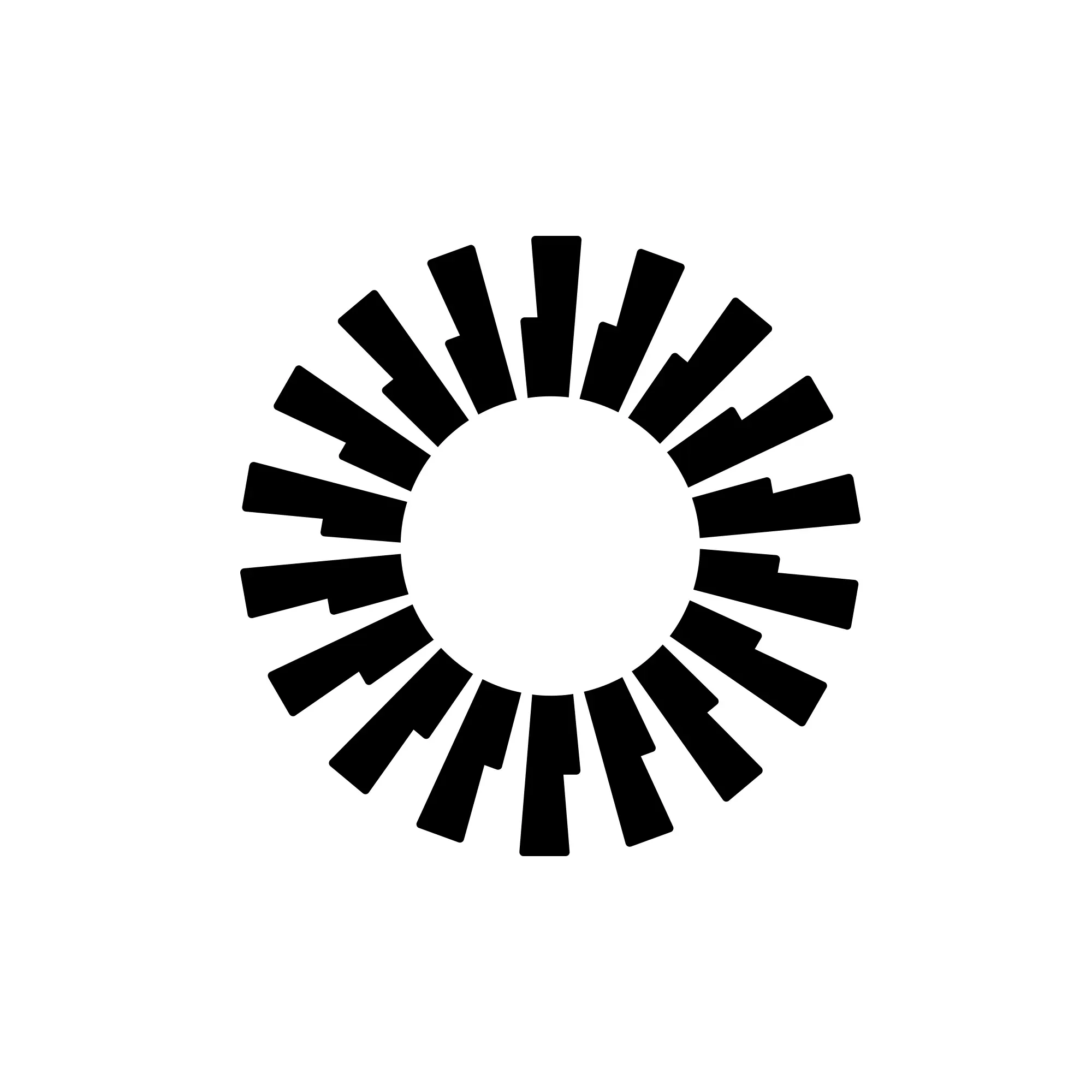 Black and white abstract geometric pattern with a circular design and radiating rectangular shapes.