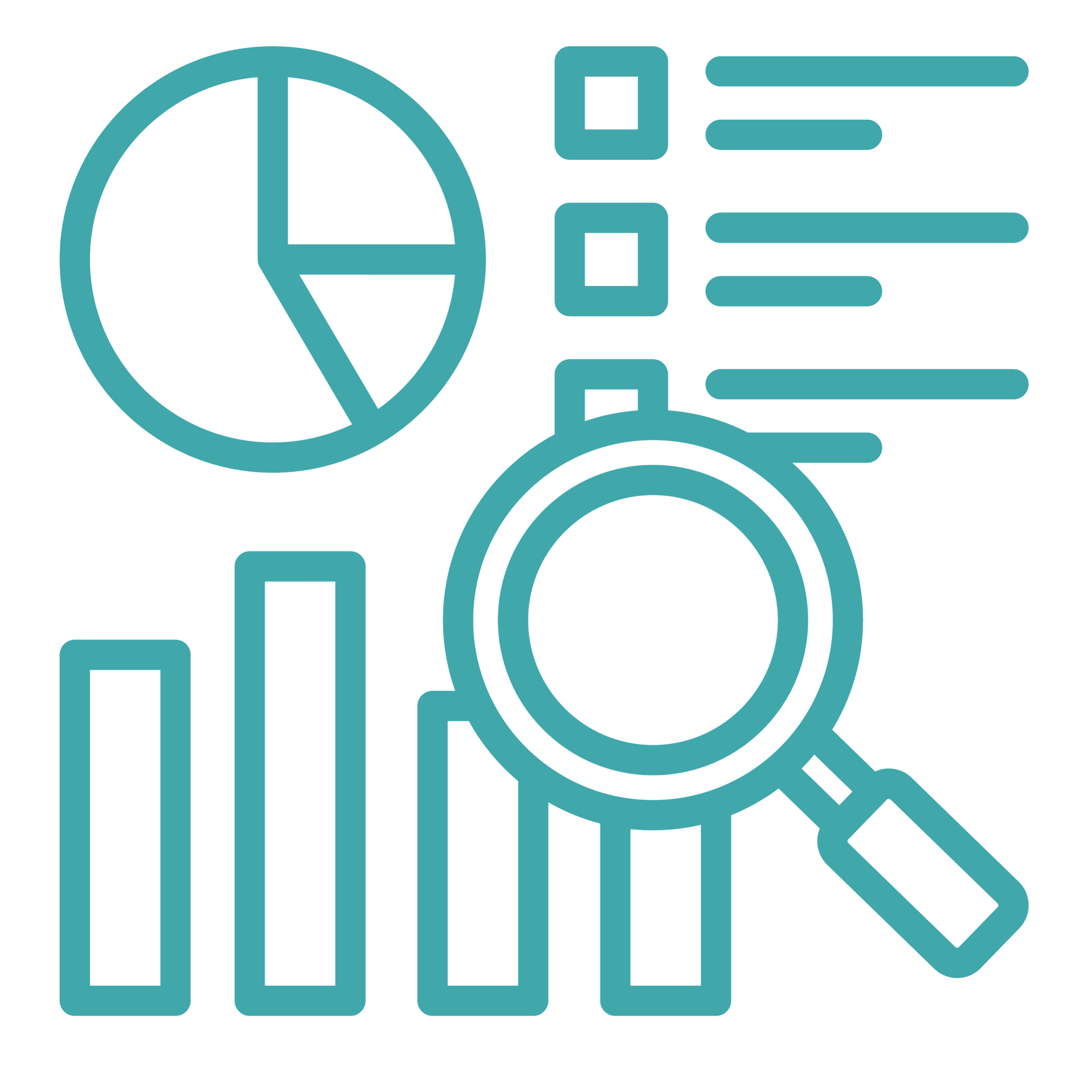 Line drawing of various diagrams including a pie chart, bar graph, and a magnifying glass, representing data analysis and research.