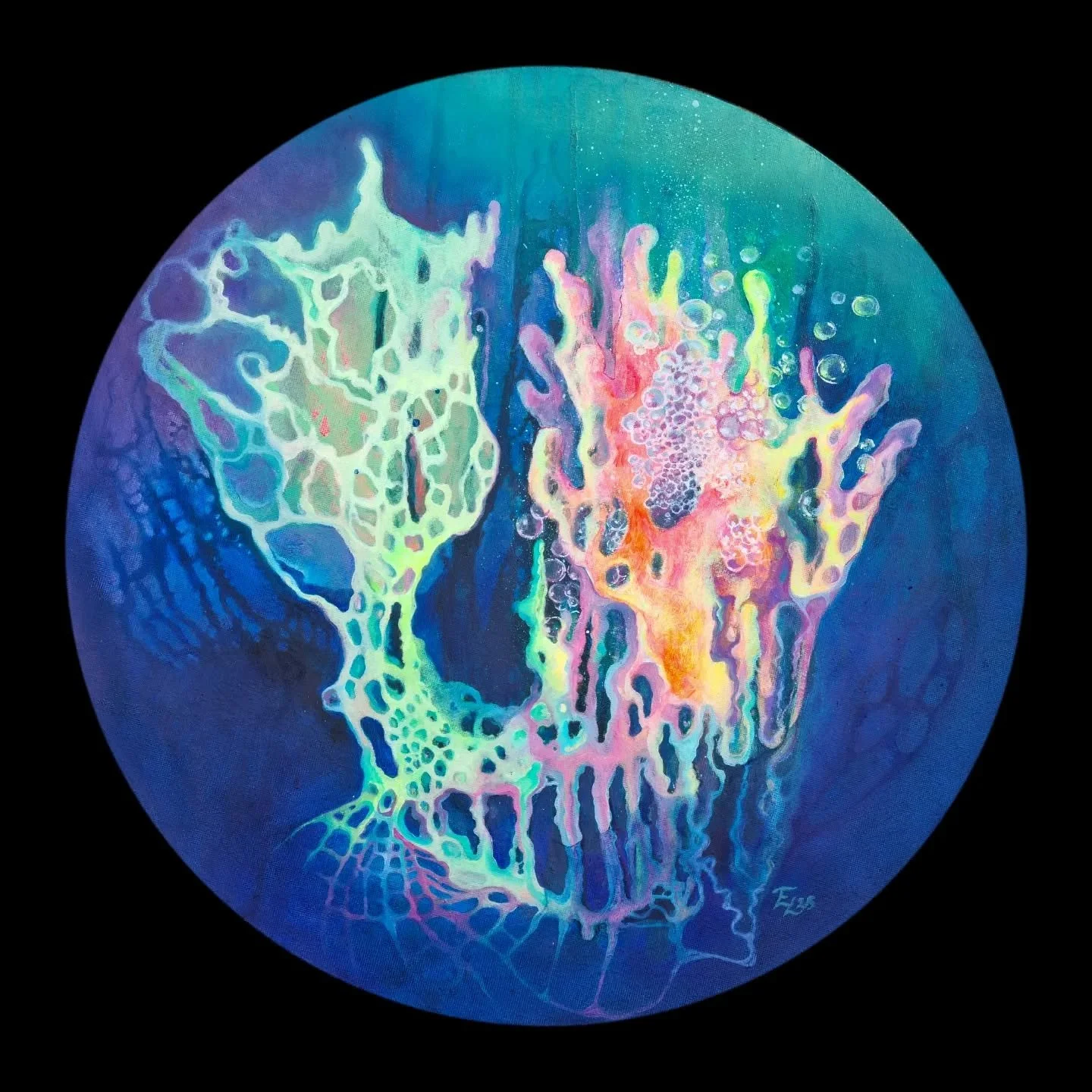 Unesta her&auml;&auml;j&auml; II
Akryyli- ja &ouml;ljyv&auml;rit py&ouml;re&auml;lle kankaalle, 40cm
Tilausty&ouml;. 

Awakener II
Acrylic and oil color on round canvas, 40cm. 
Commissioned work.

#art #abstractart #oilpainting #acrylicpainting
#surr