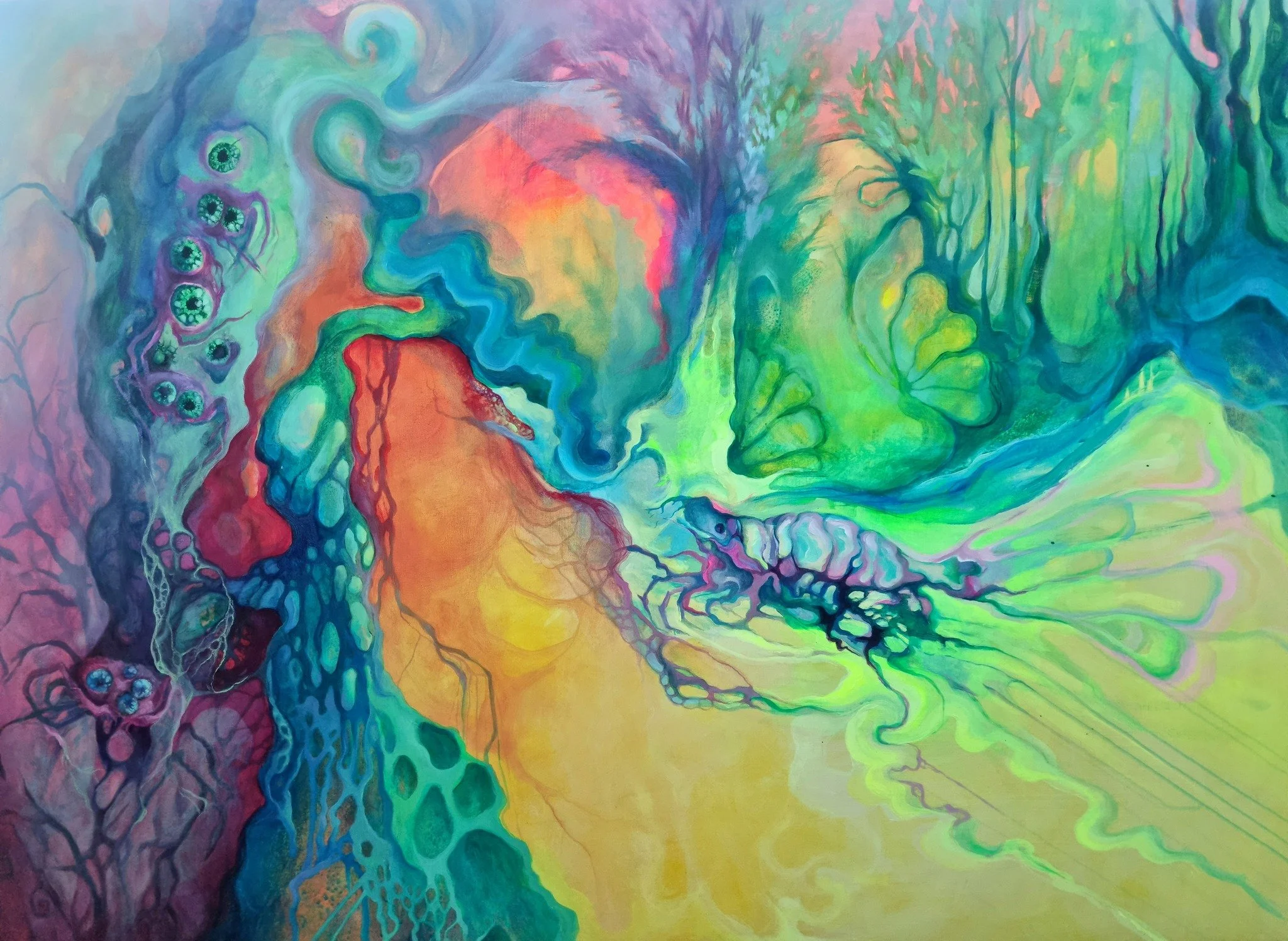 THE FIRST LIFE 
During my second pregnancy, I created a series of paintings meditating on the circularity of life.

The grandest of these works, The First Life, portrays prehistoric&mdash;or rather, timeless&mdash;creatures basking in the eternal ene