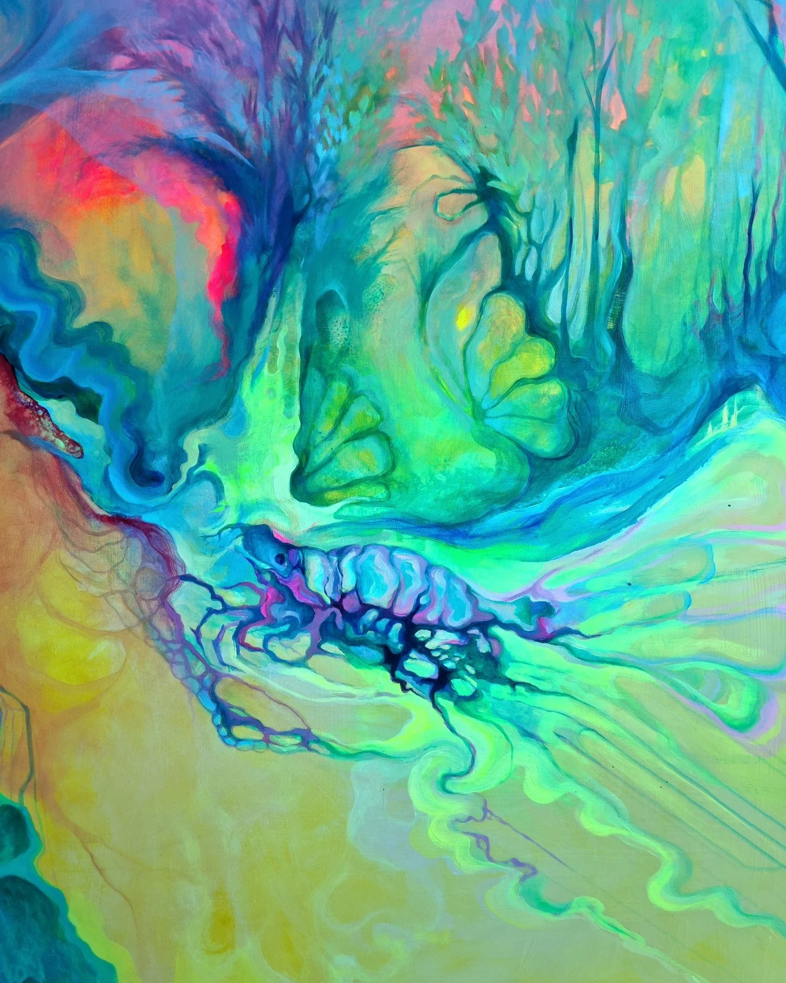 Yksityiskohtia teoksesta Ensimm&auml;inen El&auml;m&auml;
Akryyli- ja &ouml;ljymaalit puulevylle, 90 x 125 cm, 2025.
Myyt&auml;v&auml;n&auml;, 800 &euro; 

Maalaus on osa Kaarina-talossa helmikuun ajan pidett&auml;v&auml;&auml; mun ja @katriinakivine