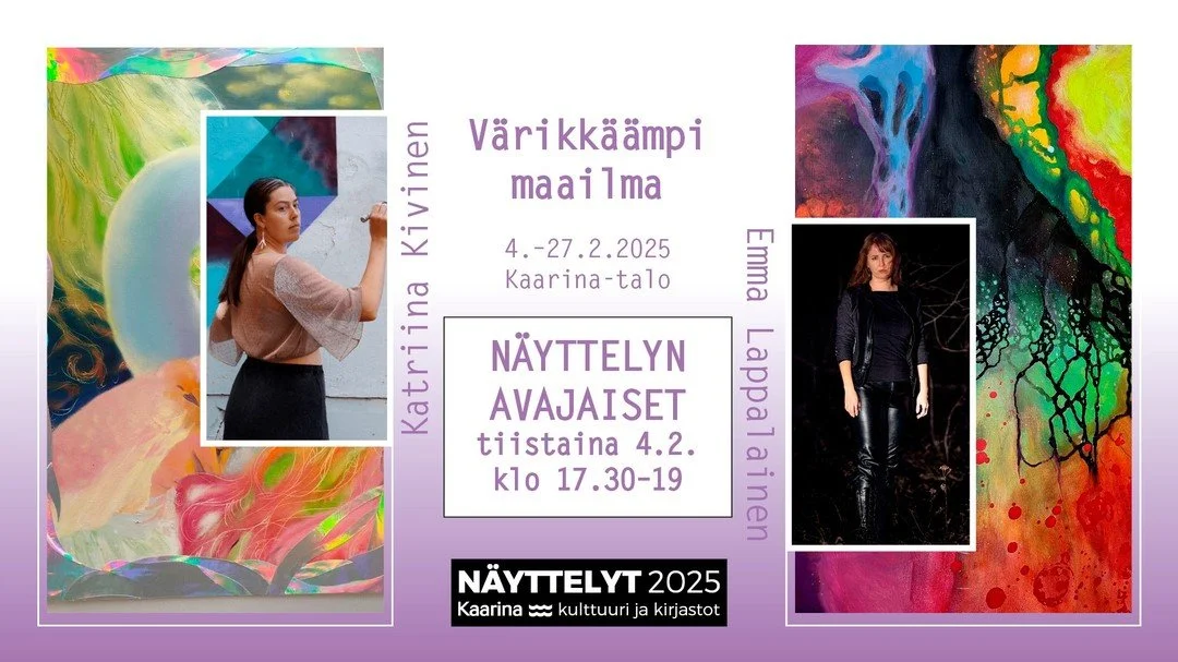 N&auml;yttelymme Kaarina-talossa 4.2.- 27.2., tarjolla kirkkaita v&auml;rej&auml; ja himmeet&auml; h&auml;r&ouml;ily&auml;. 

Our exhibition in Kaarina-talo on 4 - 27 February. Lots of colour and generally extra weird stuff. 

@kaarinankaupunki #taid