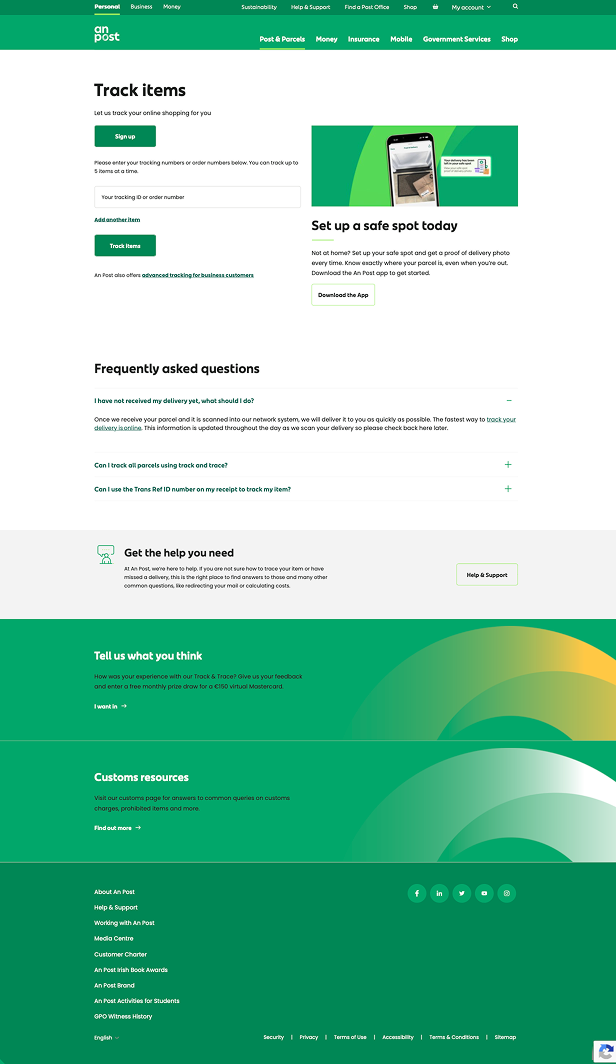 Screenshot of a postal tracking webpage from An Post, with sections for tracking items, setting up a safe spot, FAQs, help support, customer feedback, resources, and social media links.
