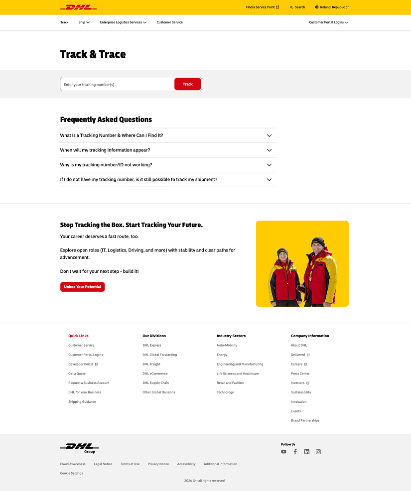 DHL's tracking webpage with a search bar, FAQs, an invitation to explore careers, and an image of two people in red and yellow DHL uniforms on a yellow background.