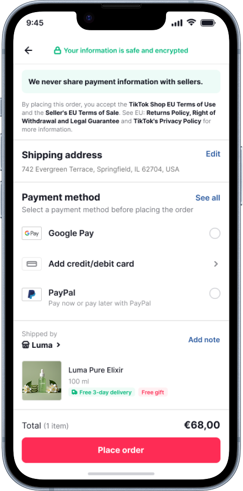 Mobile phone screen showing online shopping checkout page for Luma Pure Elixir, with options for Google Pay, credit/debit card, and PayPal, total cost €68, free 3-day delivery, and a red 'Place order' button.