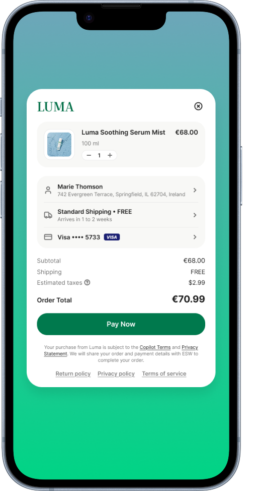Mobile screen showing an online order checkout for Luma Soothing Serum Mist, priced at €68, with shipping Free, taxes €2.99, total €70.99, and a payment button.