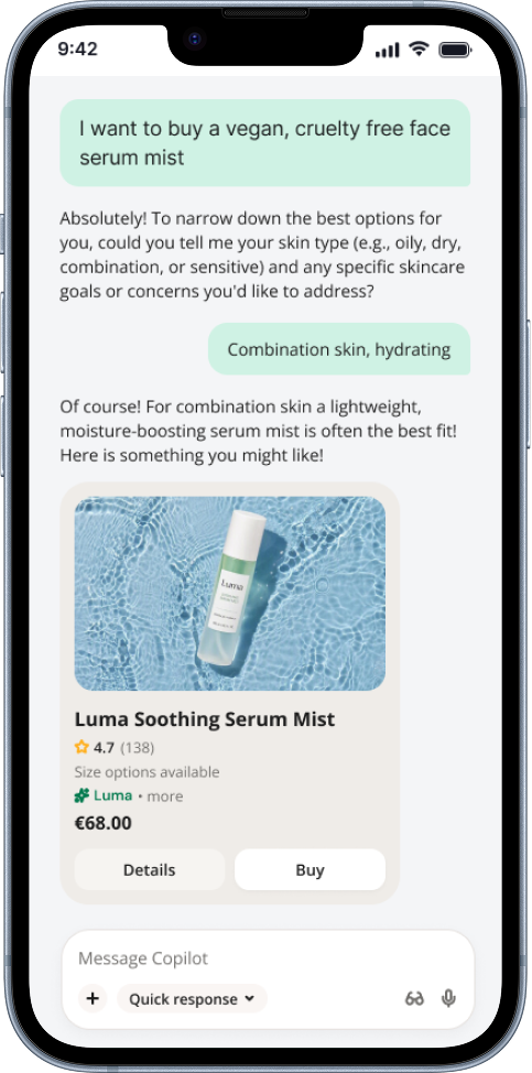 A smartphone screen showing a shopping conversation about a vegan, cruelty-free face serum mist. The screen displays a product named Luma Soothing Serum Mist priced at €68.00, with a picture of the serum bottle on a poolside background.