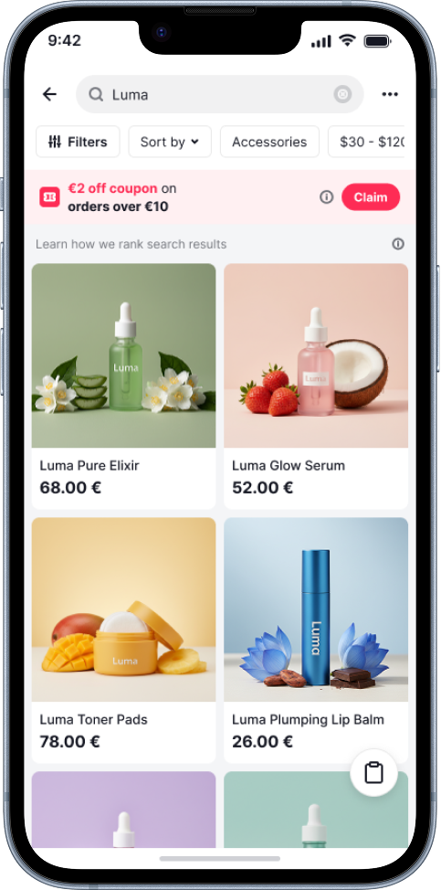 Screenshop of an online store’s skincare product list featuring four products: Luma Pure Elixir, Luma Glow Serum, Luma Toner Pads, and Luma Plumping Lip Balm.