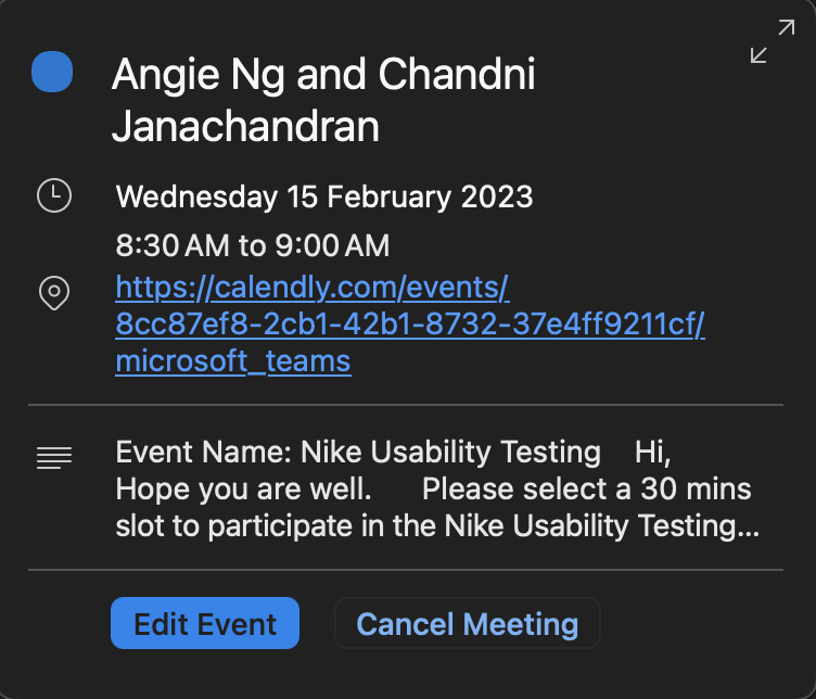Calendar invitation for a meeting between Angie Ng and Chandni Janachandran on February 15, 2023, from 8:30 AM to 9:00 AM, with a link to a Microsoft Teams event about Nike Usability Testing.