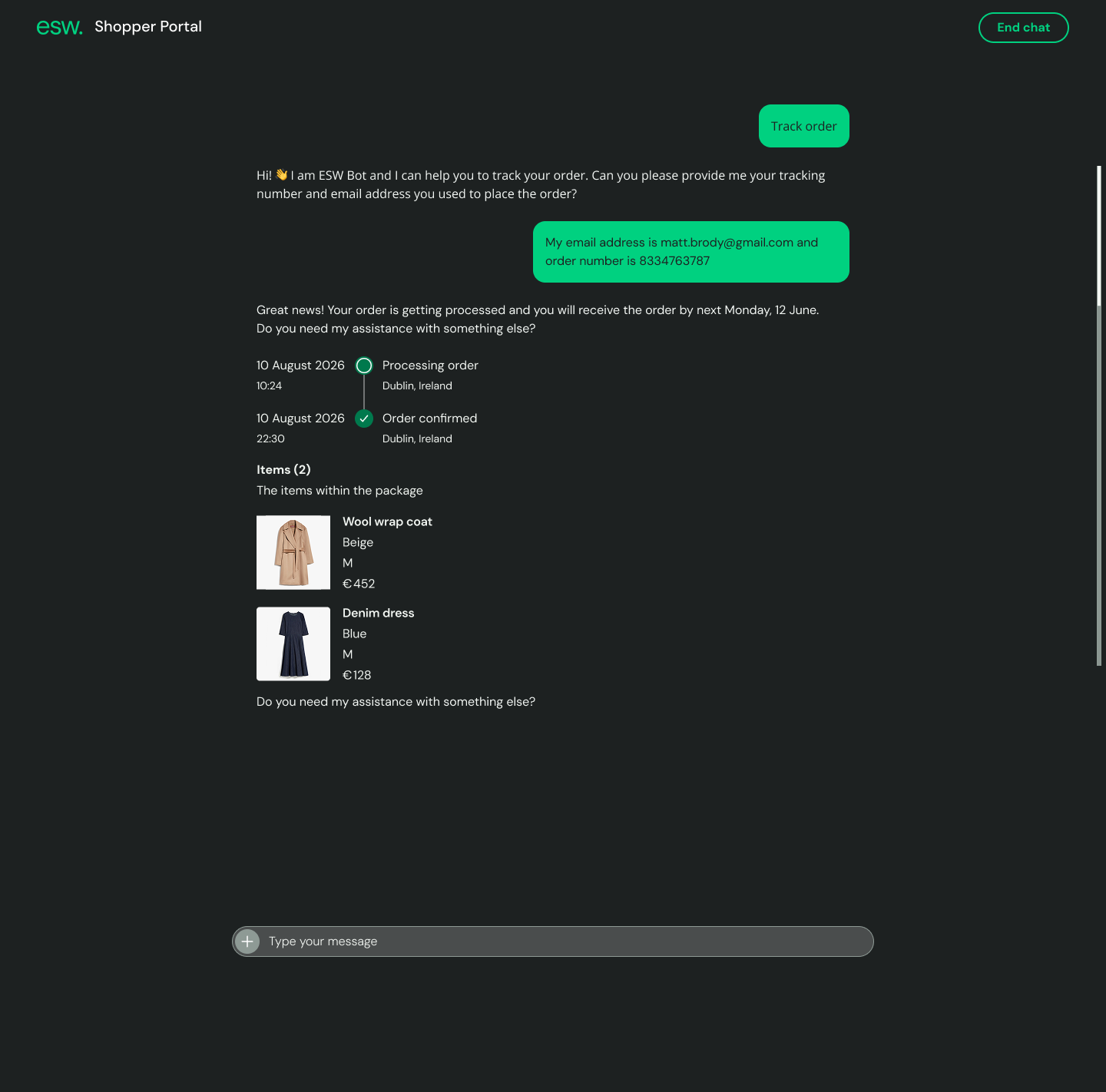 Screenshot of an online shopping chatbot interface showing order details, including items like a wool wrap coat and denim dress, with order status and shipping information.
