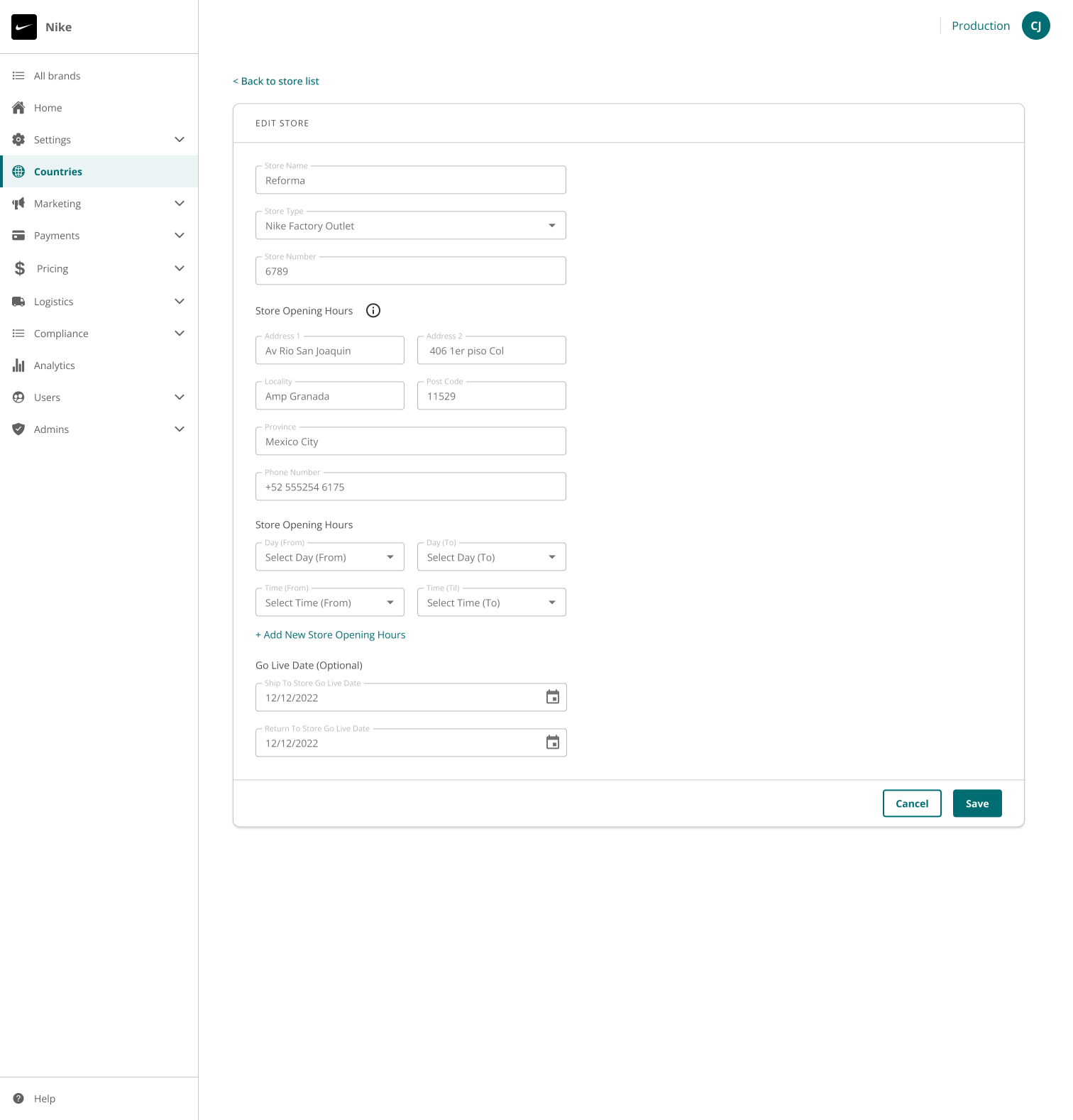 Online store management dashboard for Nike store, showing store information form for editing store details.
