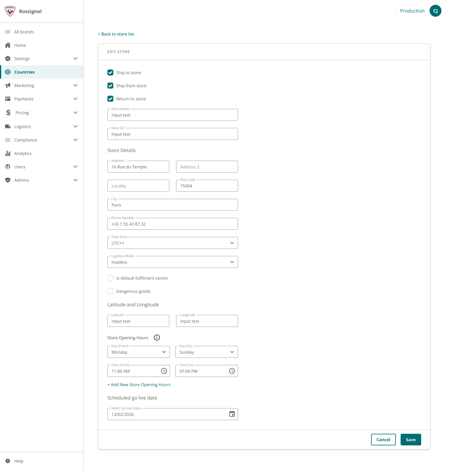 Screenshot of an online store interface for editing a store location, including fields for address, contact info, hours, and logistics details.