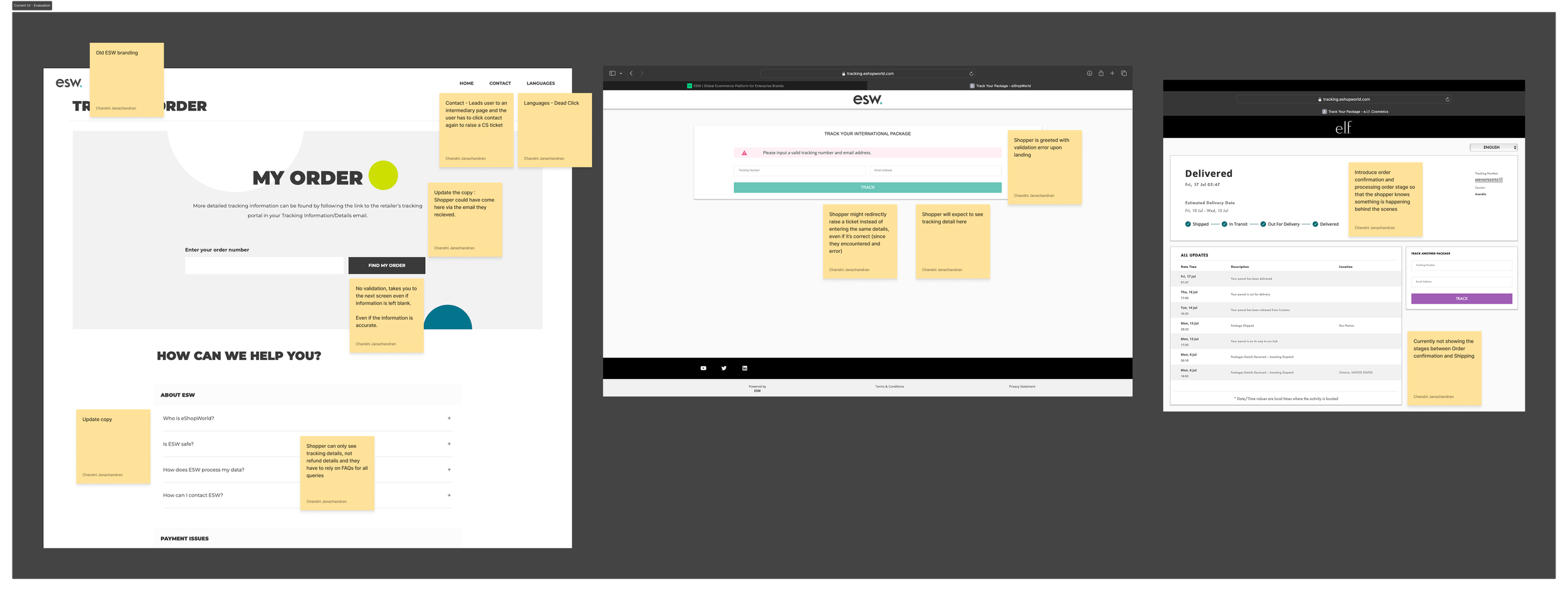 Screenshot of a digital interface displaying multiple webpages related to order tracking and customer support, with sticky notes pointing out features and issues for each section.