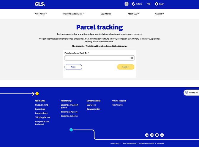 Webpage screenshot of GLS parcel tracking page with input field for parcel numbers, a reset button, and a yellow search button, along with navigation links and footer.