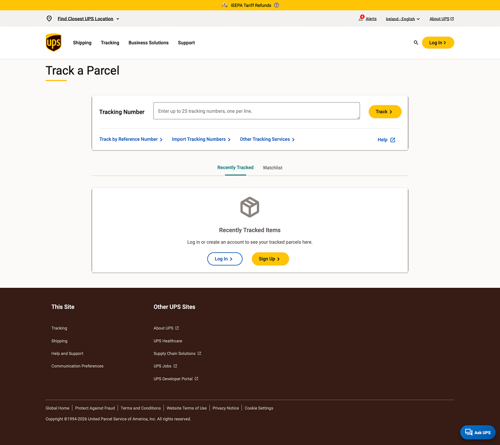 Screenshot of the UPS tracking webpage with a field to enter tracking numbers and options to track parcels, log in, or sign up.