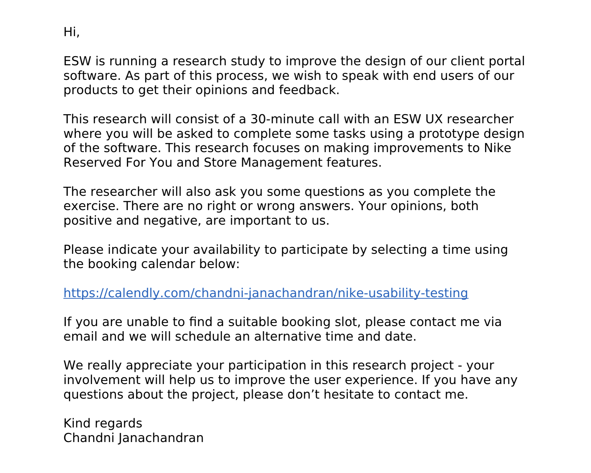 Screenshot of a formal email invitation to participate in a research study about Nike user experience testing, including a URL link for scheduling.