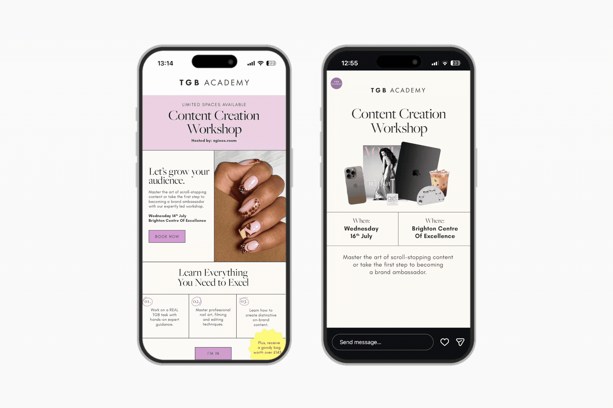 Campaign identity design implemented across email and Instagram story frames