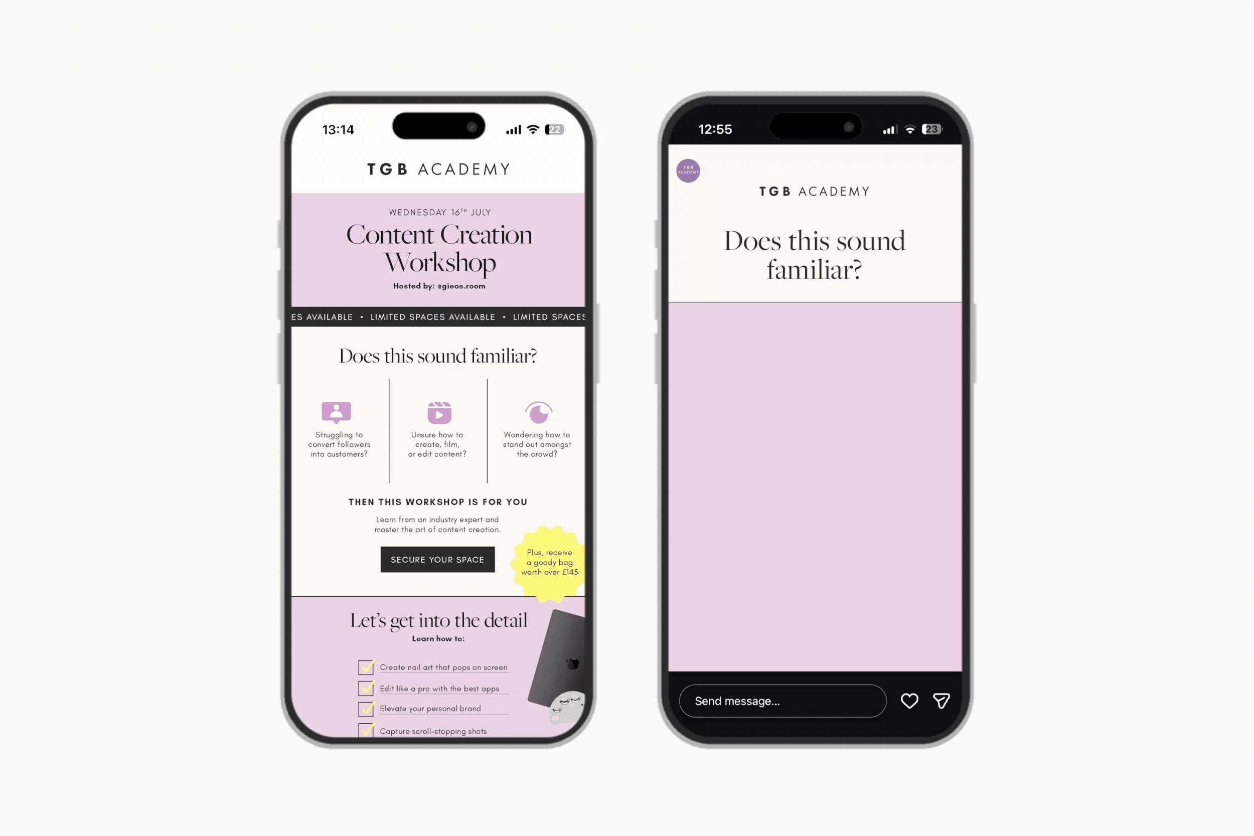 Campaign identity design implemented across email and Instagram story frames