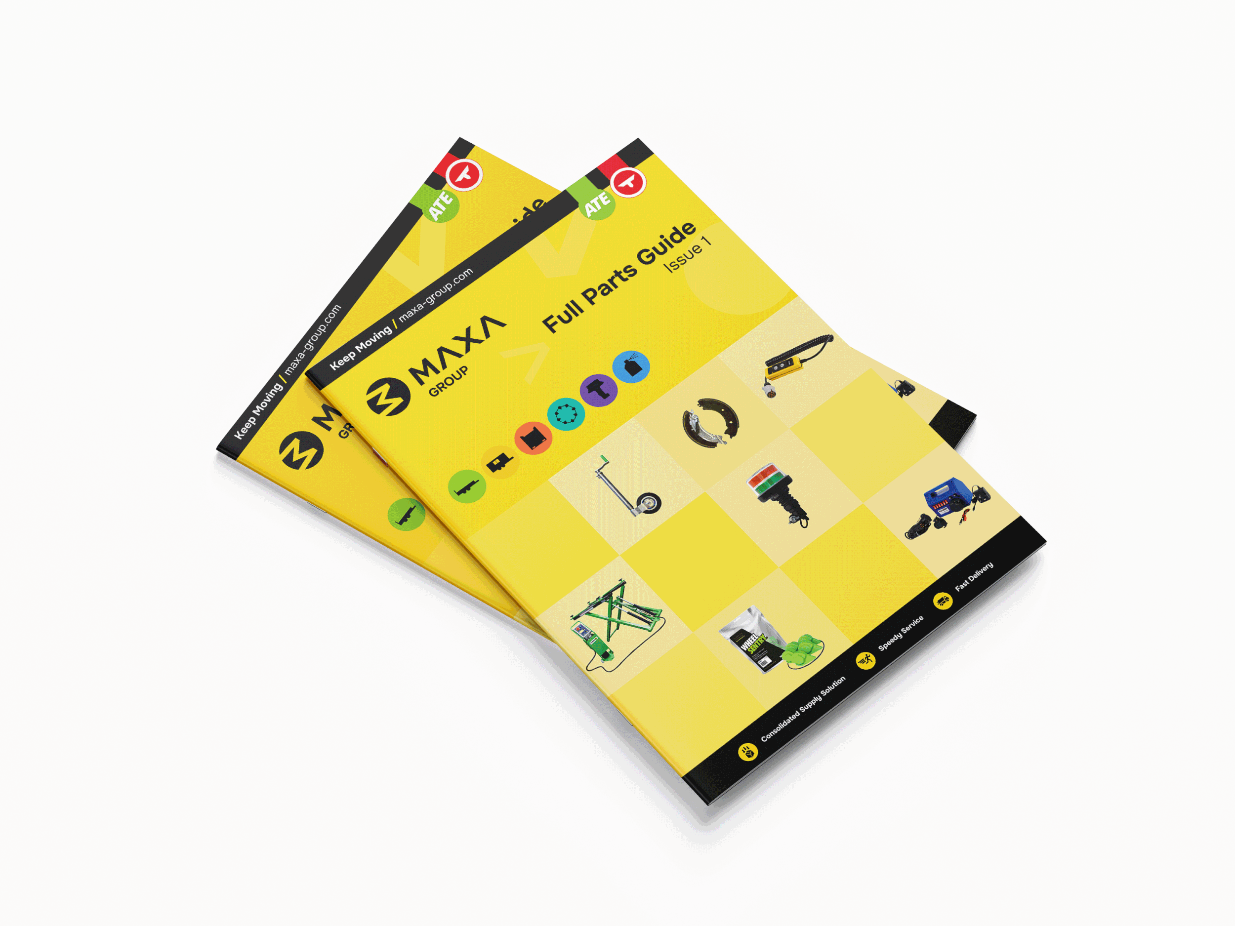 Cover designs for each of the product categories within the brand