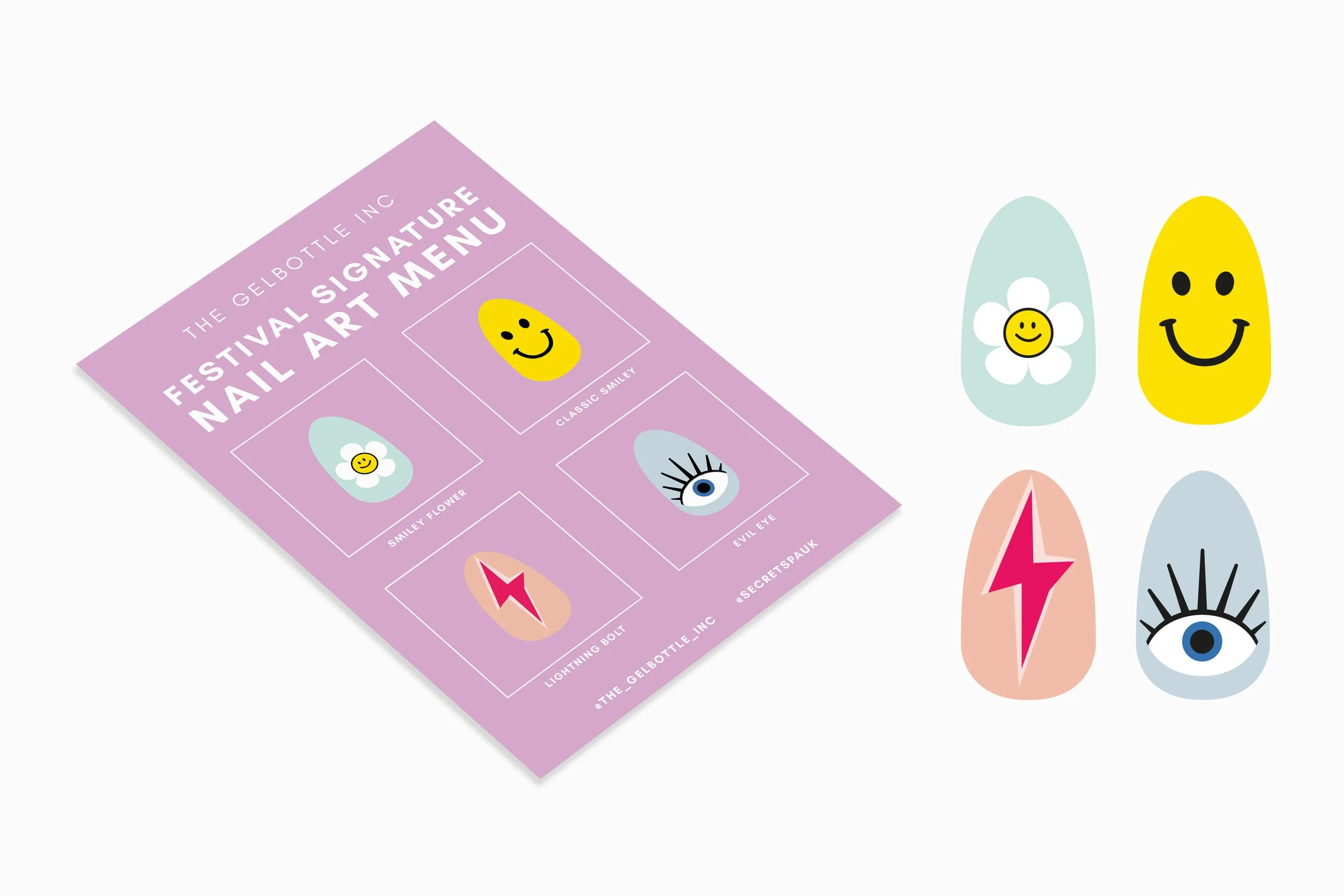 Nail art illustrations & printed menu design for Glastonbury Festival pop up manicure stand