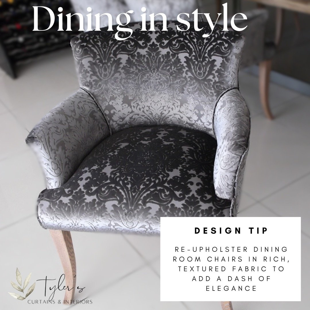 Why not re-upholster old furniture to give it new legs? This dining room chair set got a facelift giving the happy client a new look for her dining room. #diningroom #southafricaninteriors #reupholstery #homemakeover #tylersinteriors
