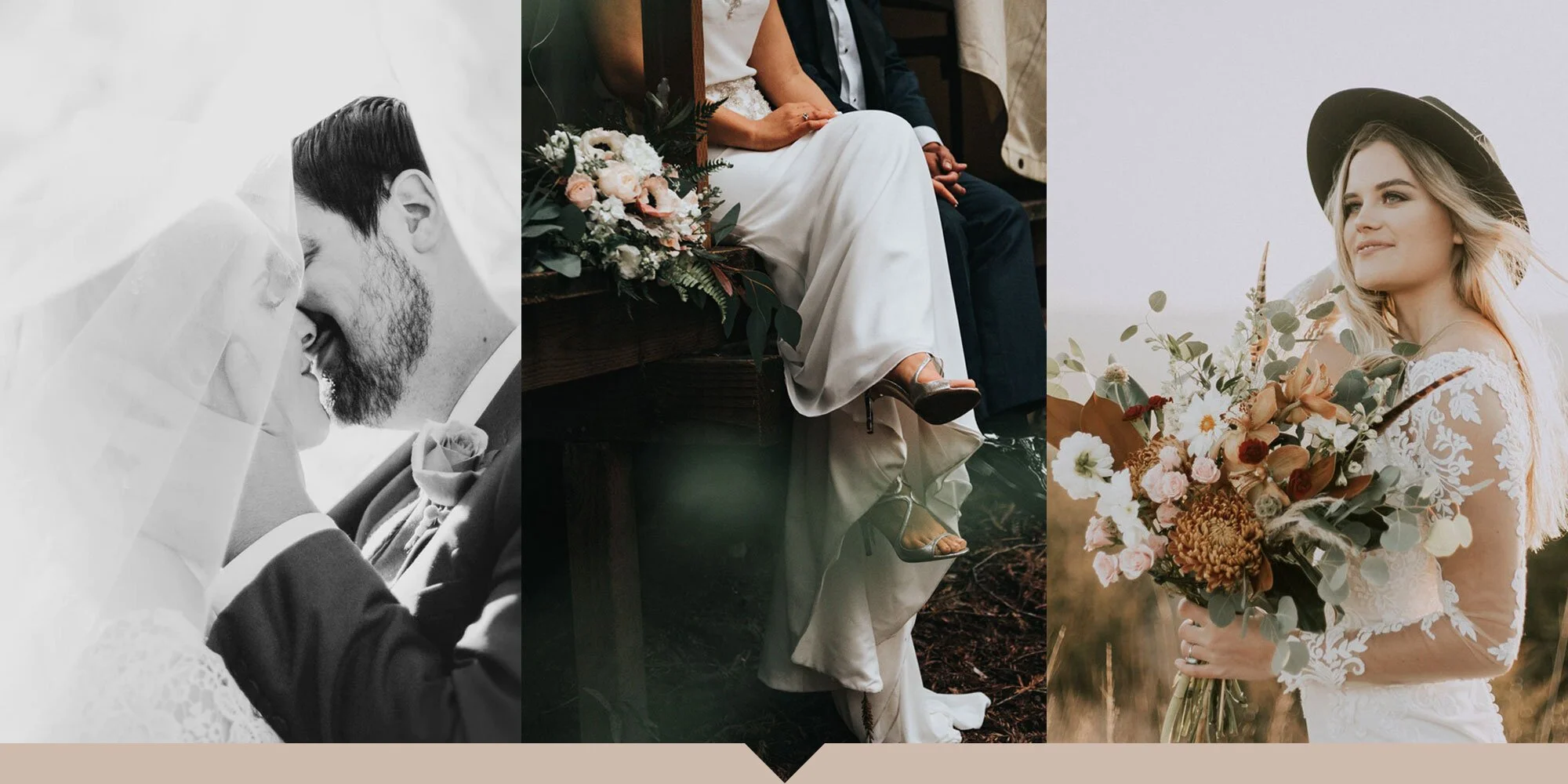 A composite image of three wedding photos: a black-and-white close-up of a couple with the bride's veil covering both, the bride and groom sitting close with wedding attire and flowers, and a woman in a white lace wedding dress holding a bouquet of f