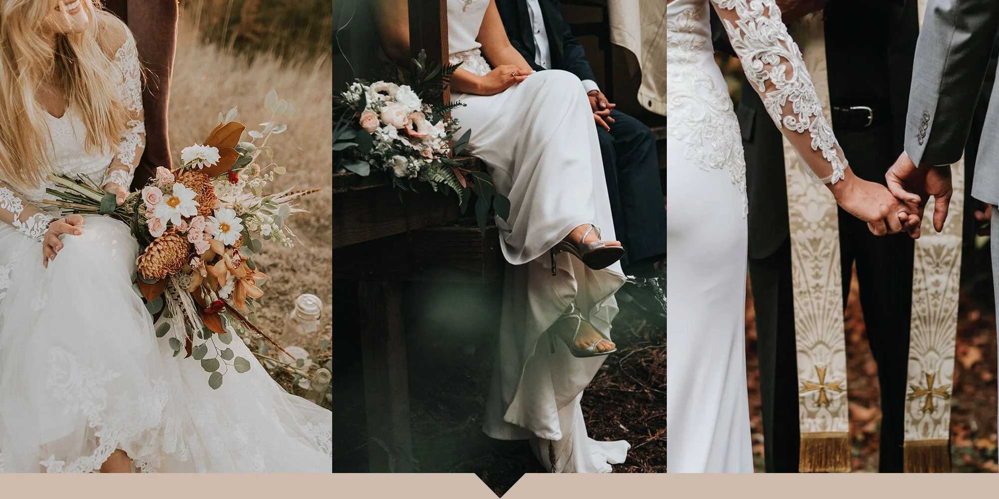 A collage of three wedding scenes: first, a bride holding a bouquet of flowers on the grass; second, a bride and groom holding hands while seated, with flowers on the bride's lap; third, a close-up of a couple holding hands during the ceremony, with 