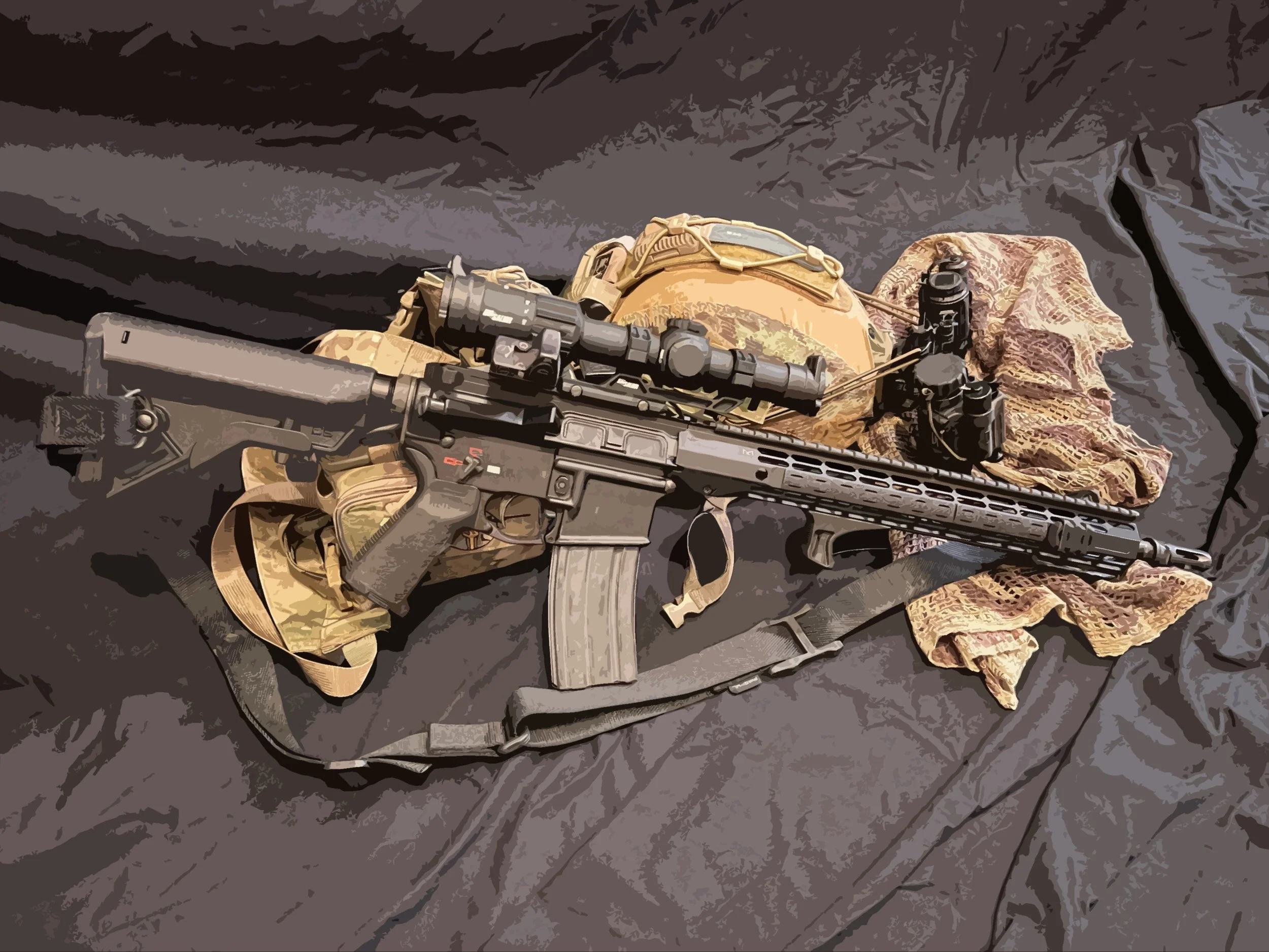 Semi-automatic carbine equipped with Low Power Variable Optic leaning on tactical helmet with thermal and night vision mounted to it and tactical chest rig in background.