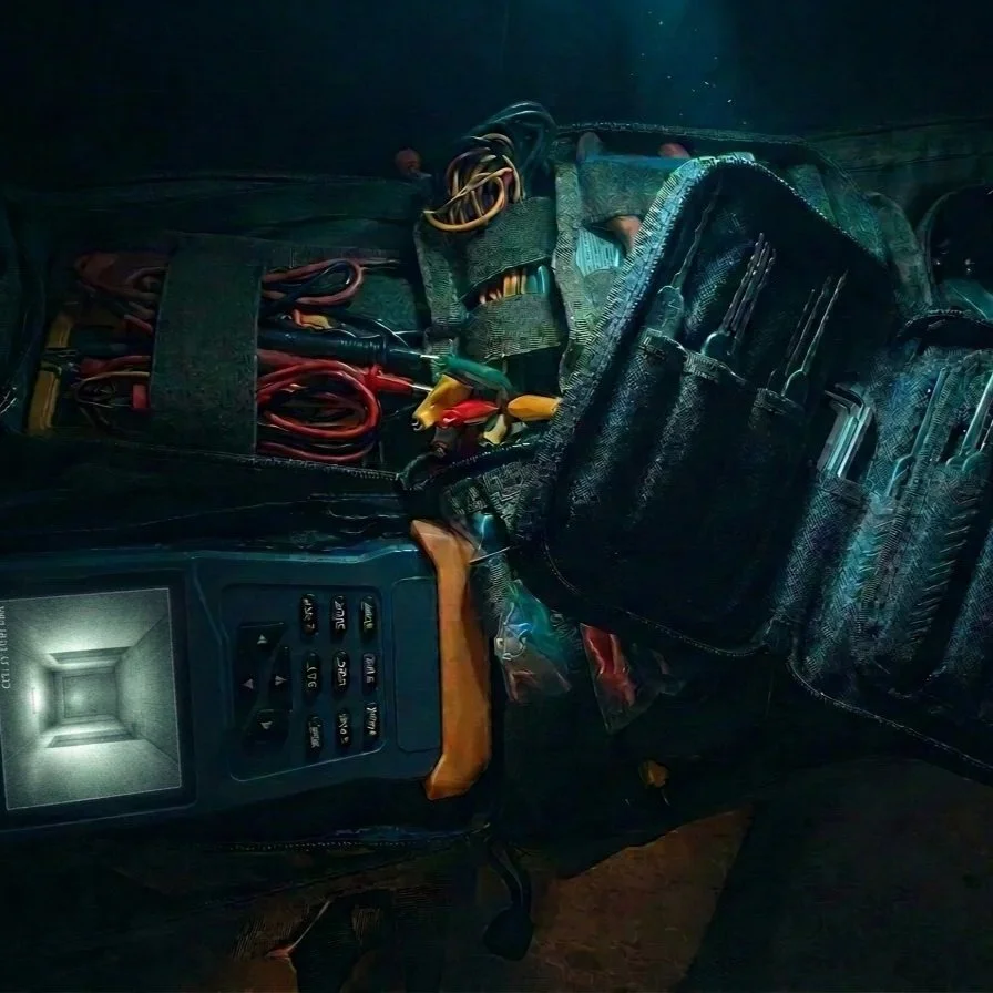 Lockpicks, electrical tools and monitor in bag.