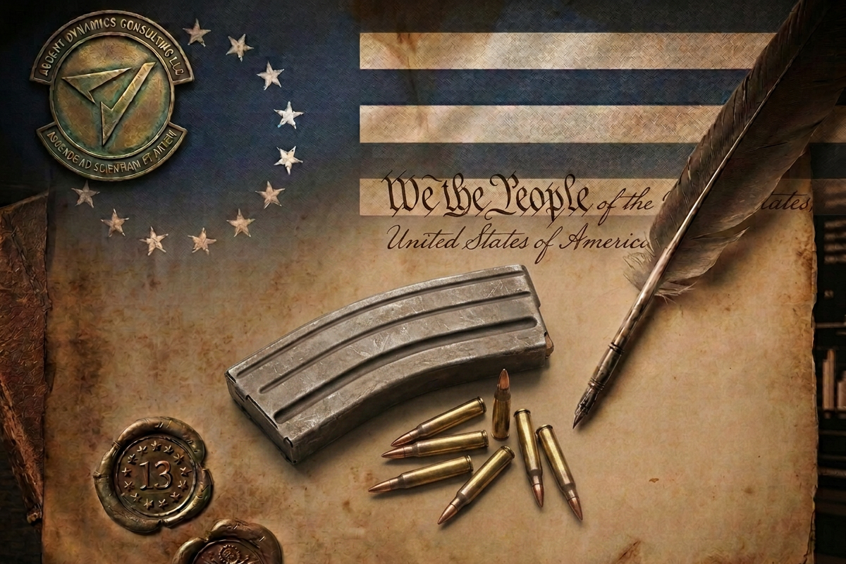 Company logo with magazine, ammunition and amrican regalia in background.