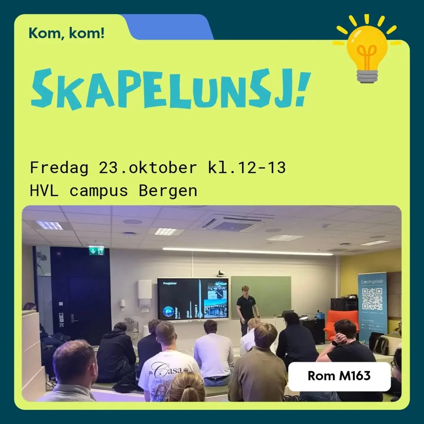 Klar for m&aring;nedens Skapelunsj?! 🥰

➡️Vi korter ned tiden til en time, men fortsatt samme gode p&aring;fyll til magen og hodet 🧠🥪

🏃🏃&zwj;♀️ Ingen p&aring;melding, mat og kaffe til 50 stk! 

Fredag 23.okt kl 12-13, rom M163 p&aring; campus B