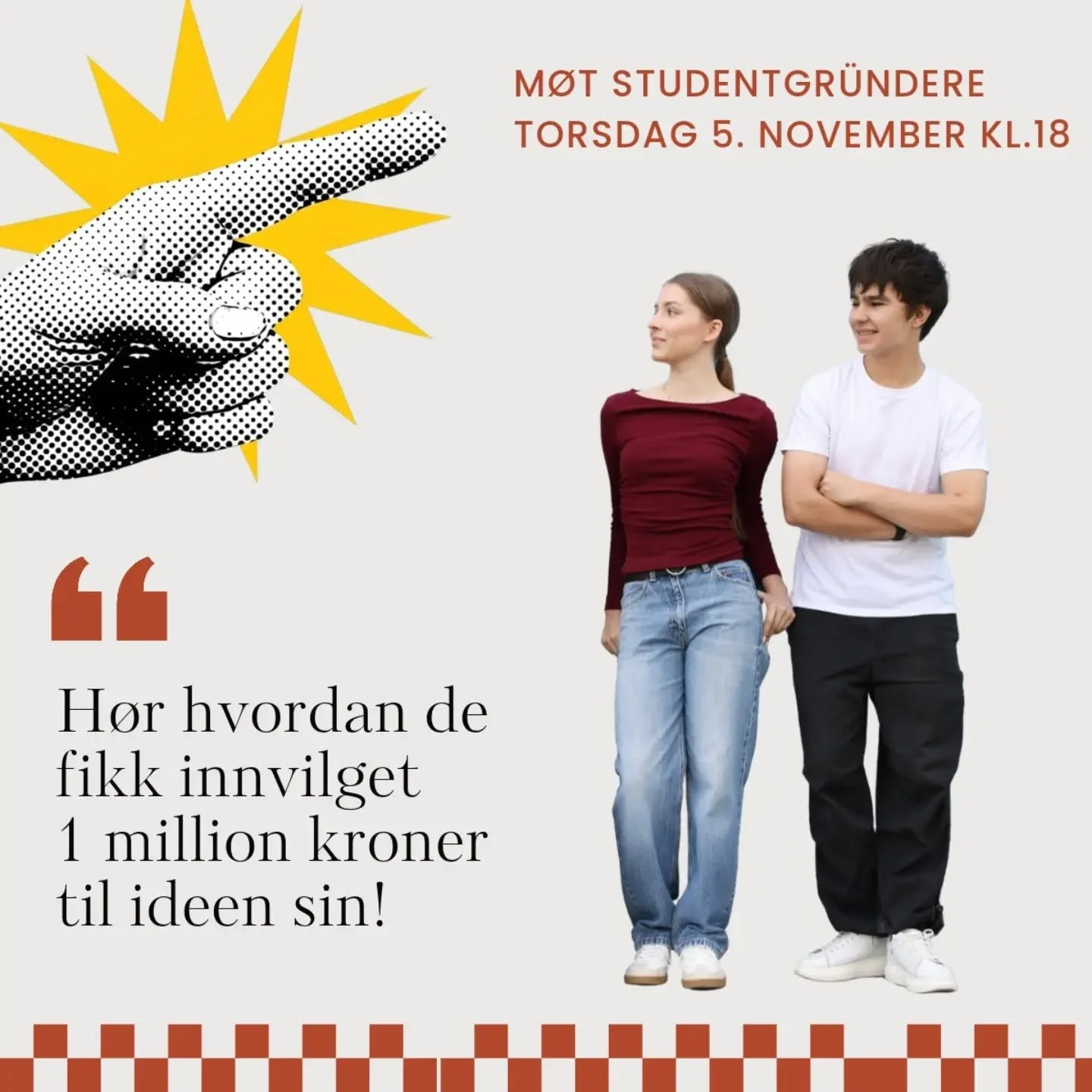 🚀 Masterstudent p&aring; siste &aring;ret? Eller tidligere i studieforl&oslash;pet med en gr&uuml;nder i magen? 🤔 
Lyst til &aring; h&oslash;re fra studenter som har mottatt 1 million kroner i st&oslash;tte fra Innovasjon Norge? 🤩
➡️ Meld deg p&ar