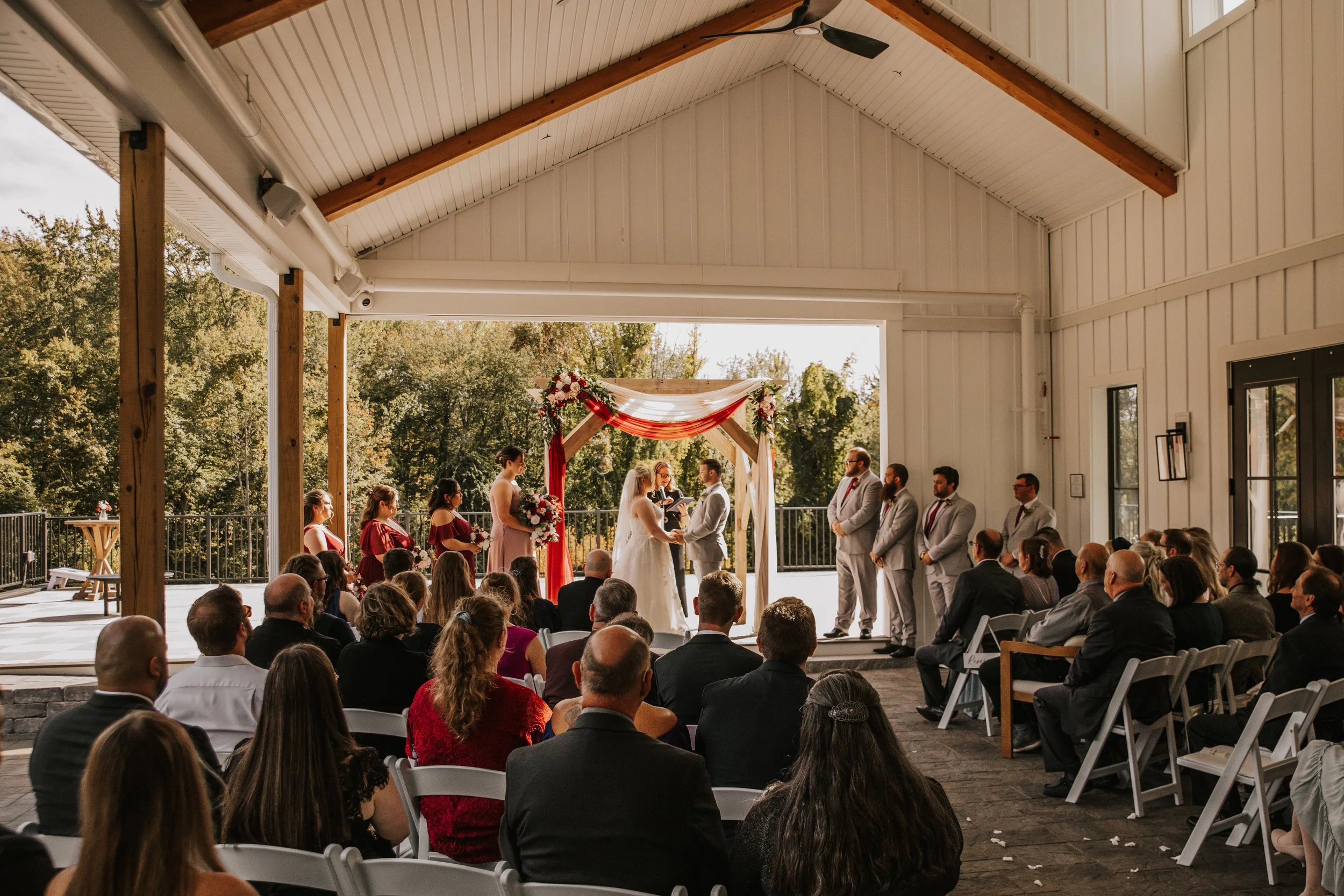 View from the back left of guest seating under the covered breezeway. 