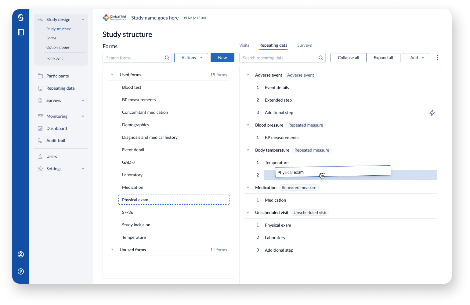 The study structure is core to the CDMS product, though the legacy feature lacked good UX. Through drag-and-drop interaction and reuse of existing forms, this was greatly improved.