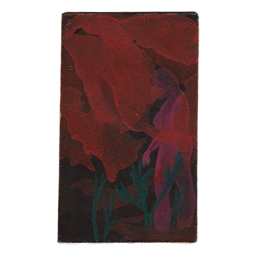 Original acrylic painting of a standing female figure in nature with seaweed and a huge red flower covering her head in a surreal scene
