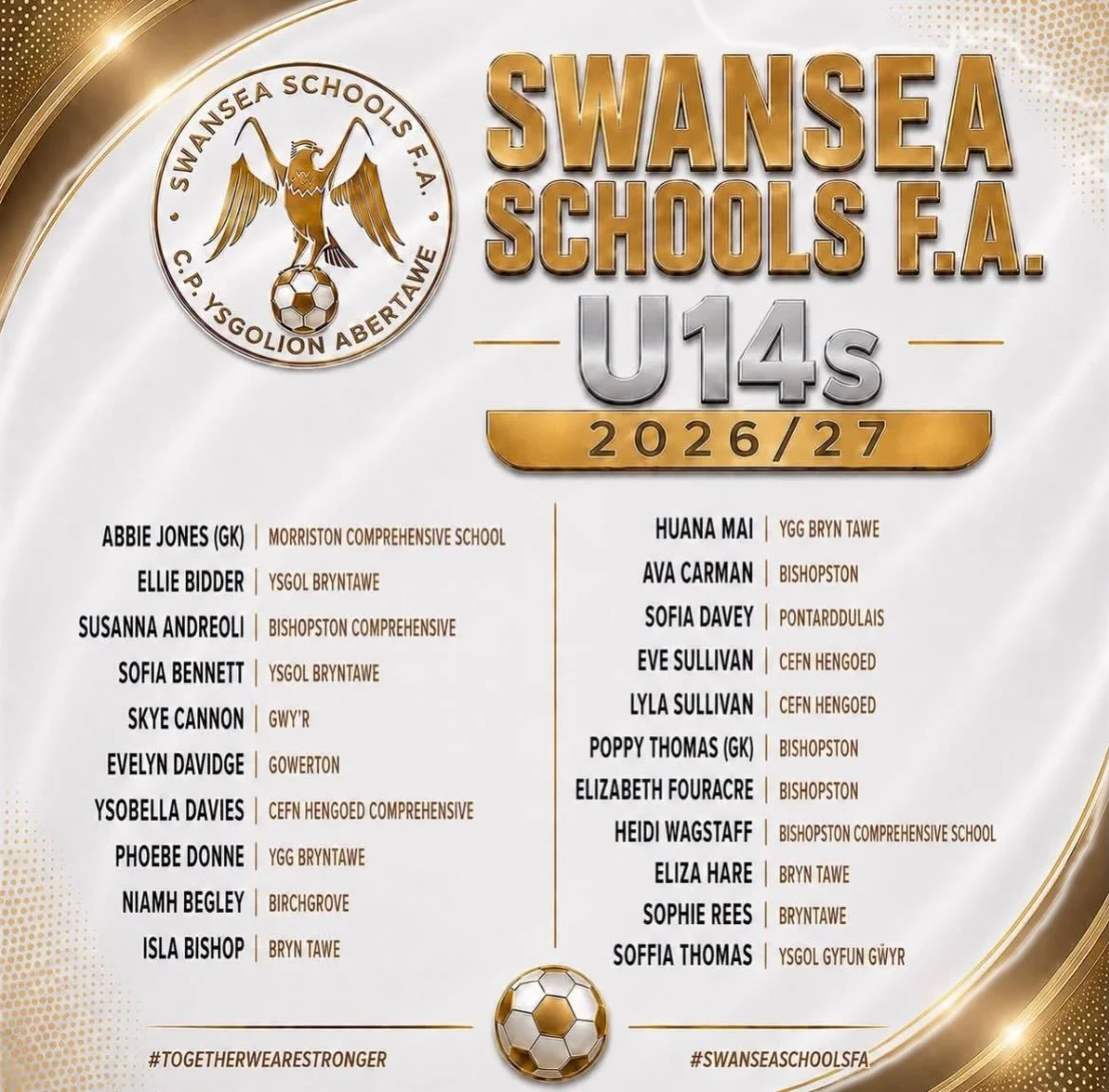Waw! Llongyfarchiadau enfawr i 7 o&rsquo;n merched talentog am gael eu dewis fel rhan o garfan p&ecirc;l-droed ysgolion Abertawe! Rydym yn hynod falch ohonoch chi!
Waw! Huge congratulations to 7 of our talented players on being selected for the Swans