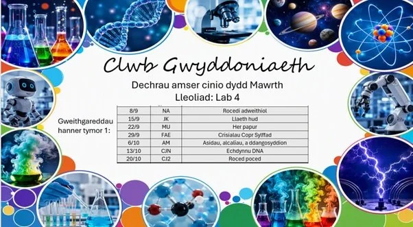 Oes gyda chi ddiddordeb mawr mewn Gwyddoniaeth?
Ydych chi'n chwilfrydig am y byd o'n cwmpas?
Dewch i'r Clwb Gwyddoniaeth ar ddechrau amser cinio bob dydd Mawrth yn Labordy 4! 

Are you a future scientist?
Are you curious about the world around us?
Jo