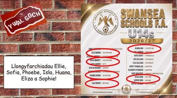 7! Ie 7 o ferched Bl.9 yng ngharfan ysgolion Abertawe eleni! Ewch amdani ferched!

7 of our Yr.9 girls in the Swansea Schools squad for this season! What an achievement! Good luck girls - the future of women's football in Wales is looking very bright