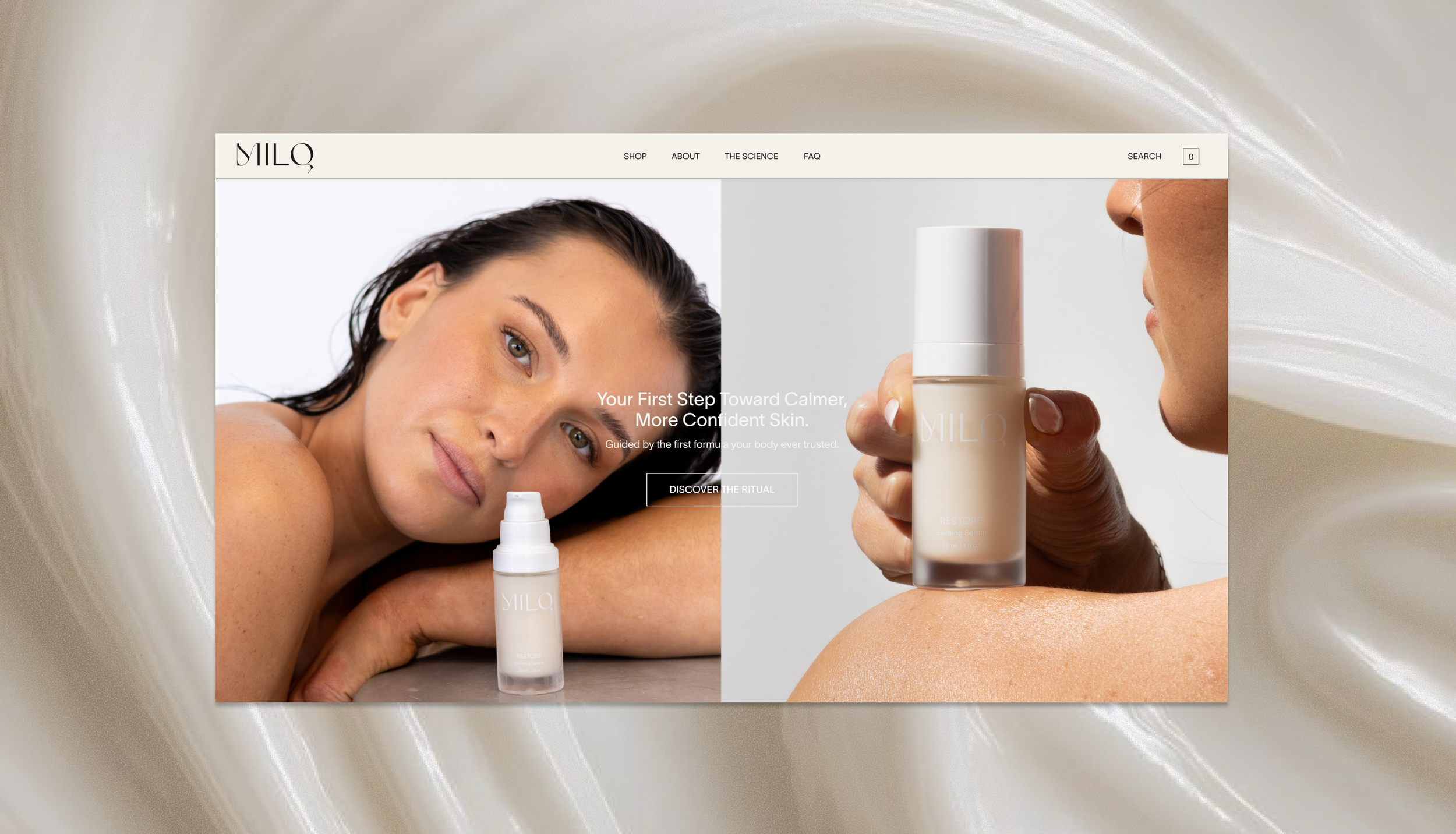 A woman with long dark hair lying down, resting her head on her arm, looking at the camera. She is holding a bottle of Milq skincare product. Next to her, an arm is also holding a similar bottle of the same skincare product, with the focus on the bottle and the person's face partially visible in the background.